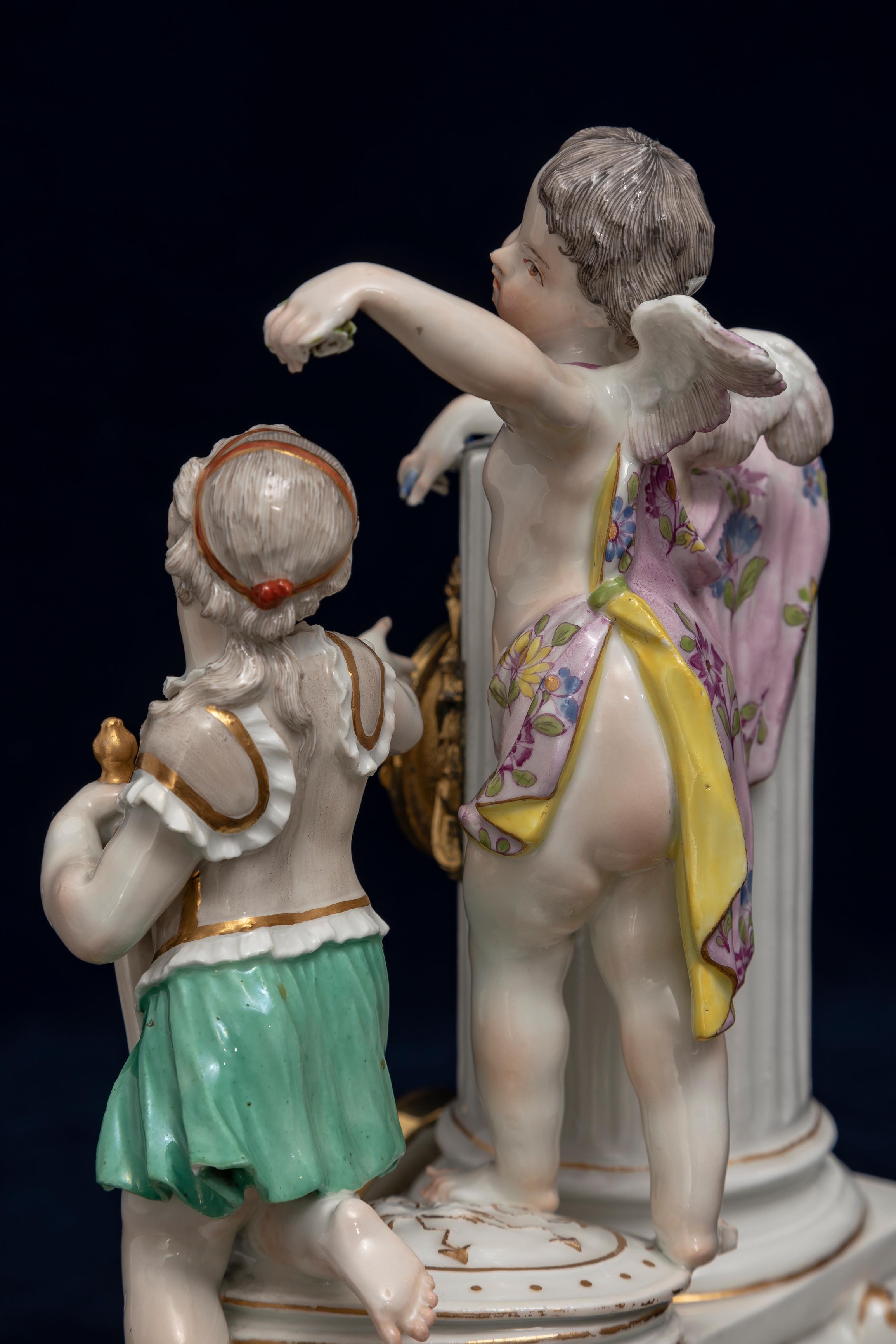 An Important Rare 18th C. Ormolu Mounted Meissen Porcelain Putti Clock Grouping For Sale 7