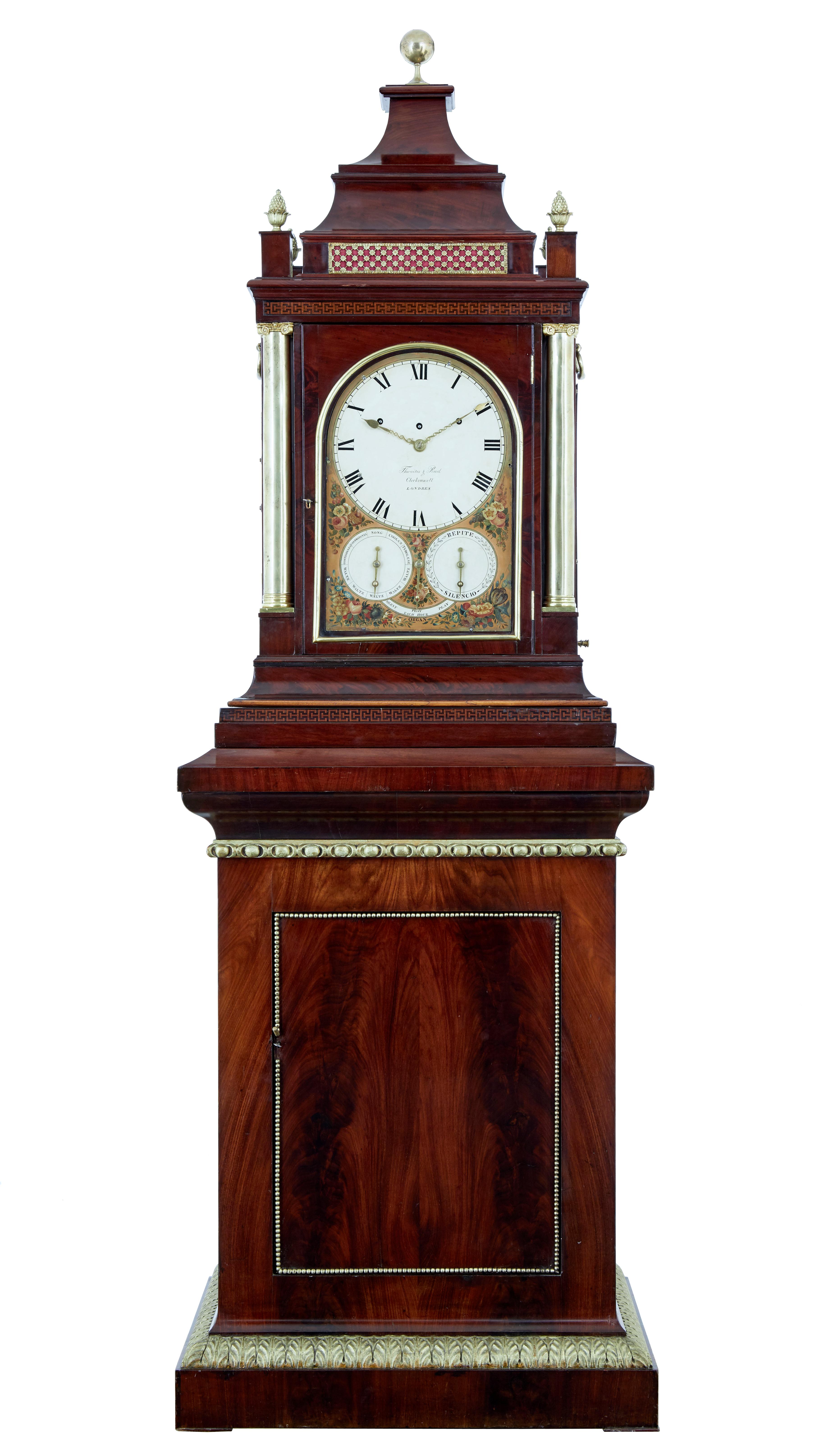 A Regency giant gilt-brass-mounted mahogany quarter striking eight-day turn-table musical organ clock 

Thwaites and Reed, London, circa 1820


A Regency giant gilt-brass-mounted mahogany quarter striking eight-day turn-table musical organ