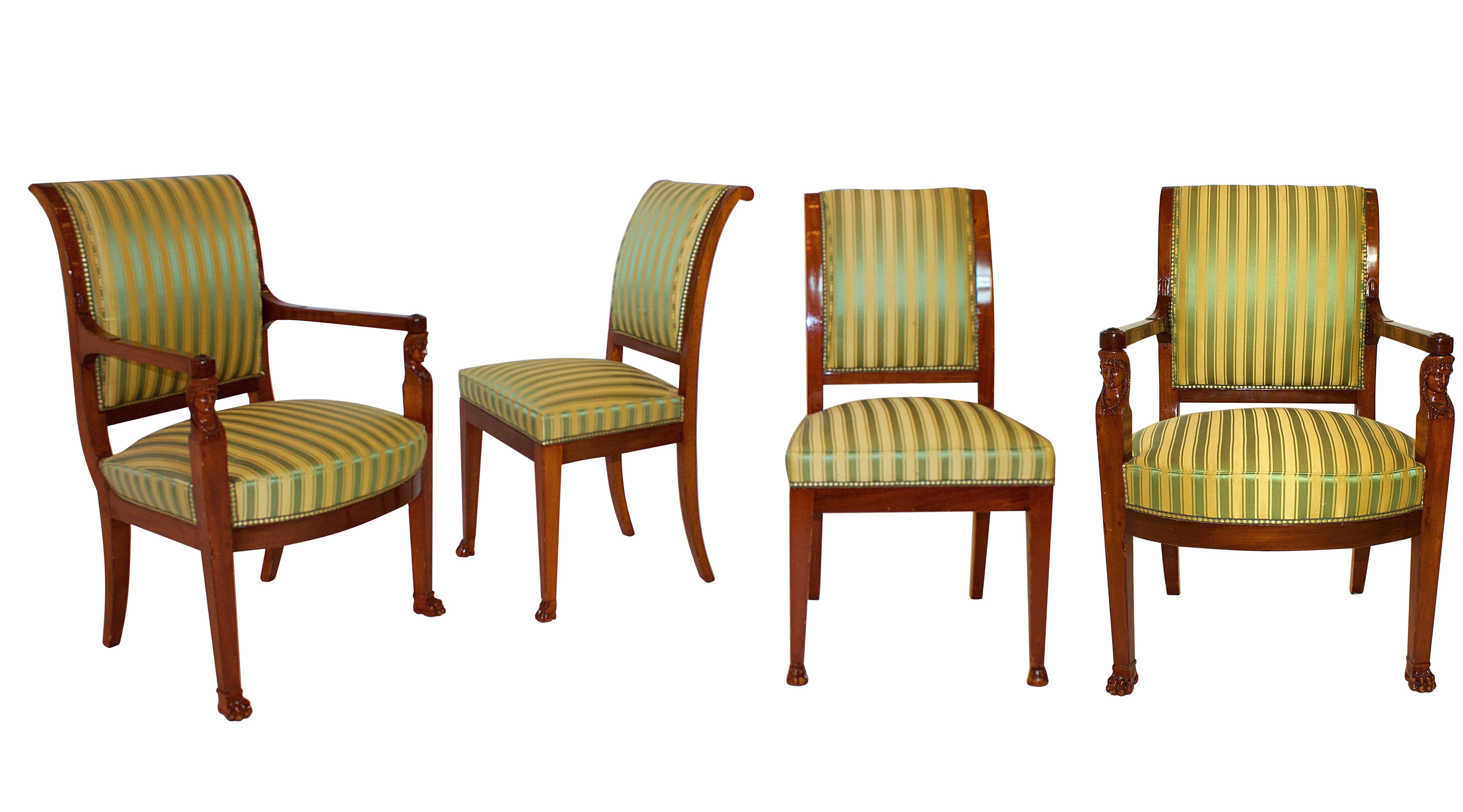 Number of Pieces 8+
Description set consists of 2 armchairs and 10 side chairs each stamped jacob freres ,rue meslee-- jacob freres was the stamp used by the brothers Georges II and Francois Honore' Jacob, from 1796- 1803 . They were the sons of