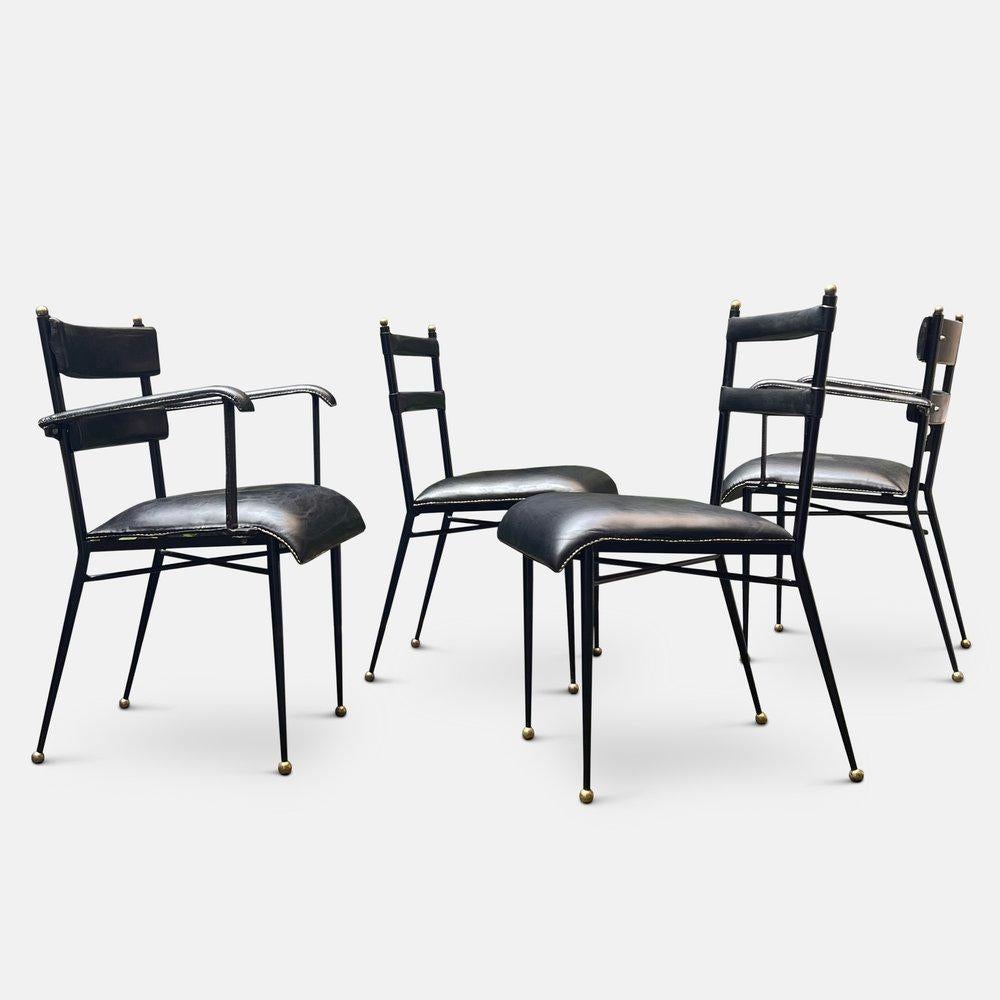 20th Century Important Set of 12 Saddle Stitched Leather Dining Chairs by Jacques Adnet For Sale