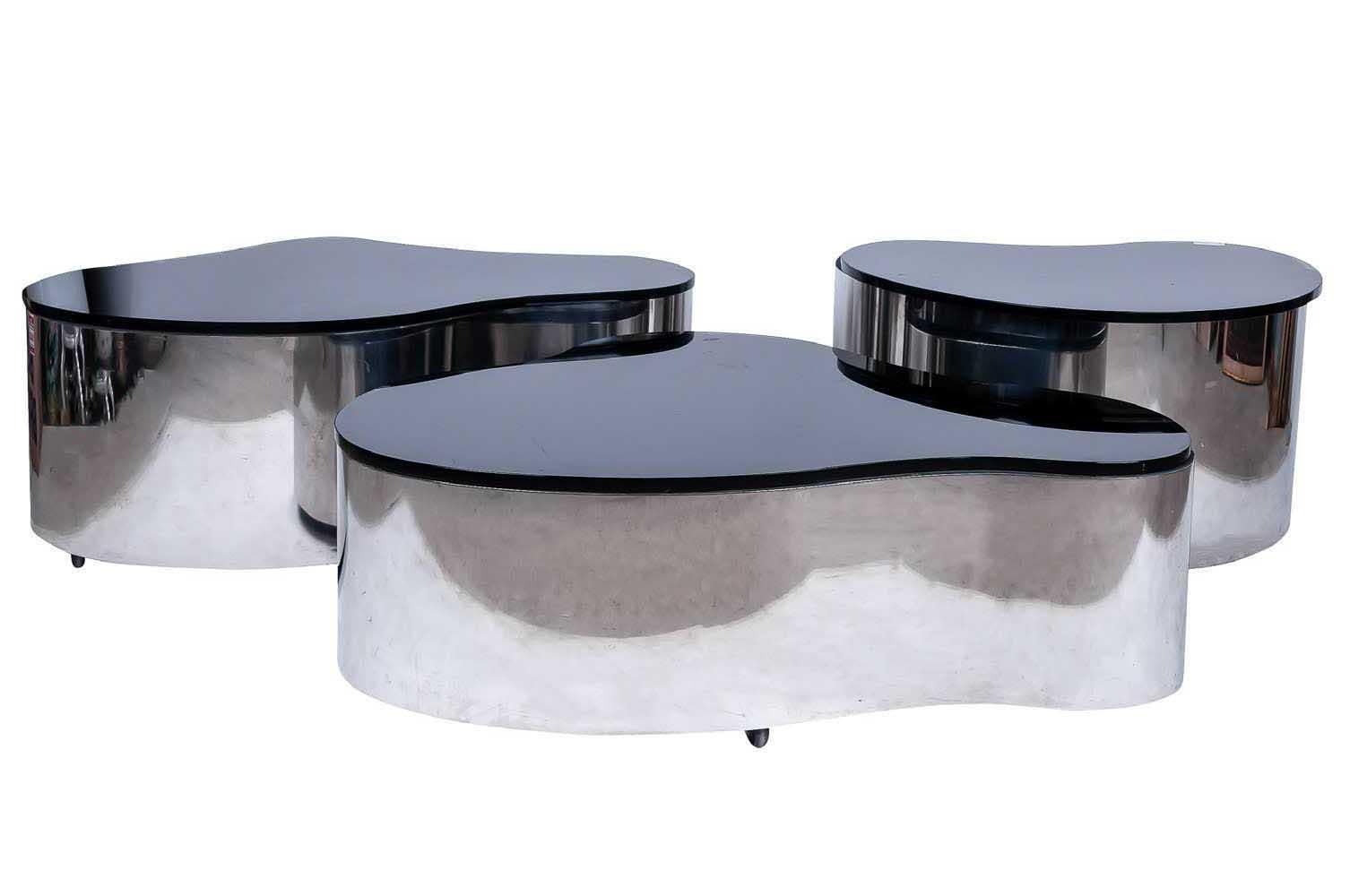 Important Set of 3 Karl Springer Polished Stainless Freeform Tables For Sale