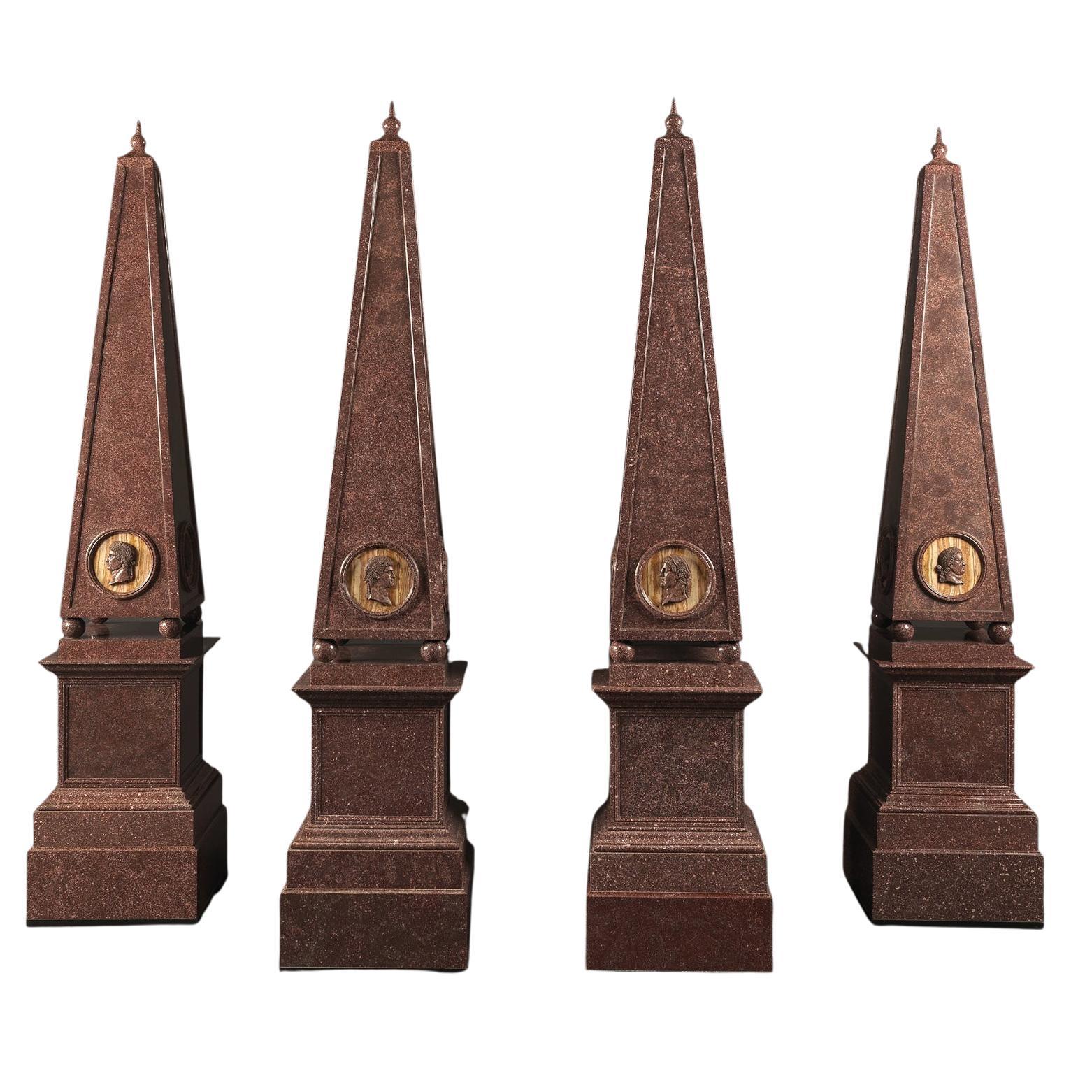 Important Set of Four Large Porphyry Obelisks For Sale