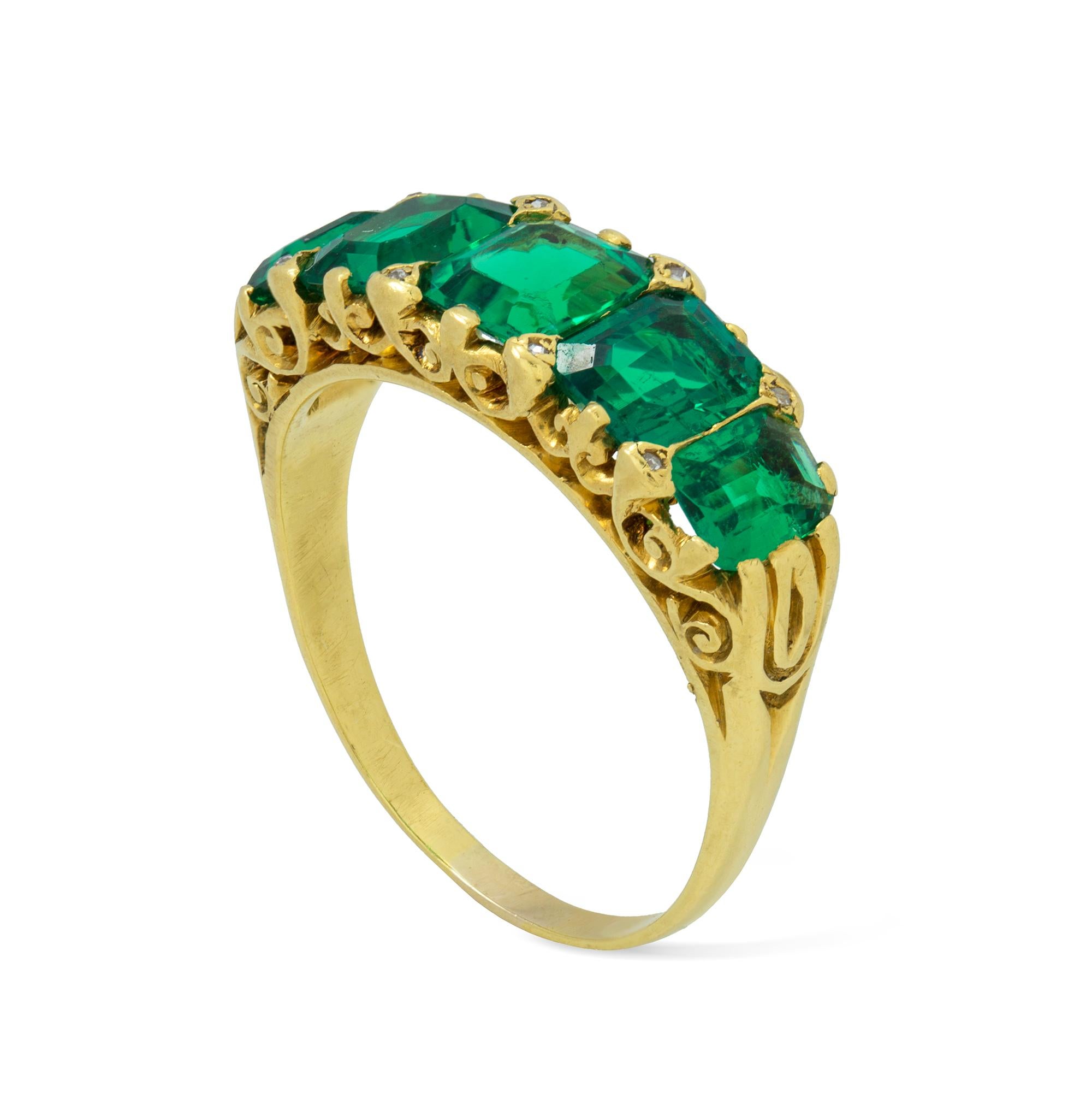 An Important Victorian five-stone emerald ring, the five emerald-cut emeralds graduating from the centre and estimated to weigh a total of approximately 4 carats, accompanied by GCS Report No 78153-66 stating to be of Colombian origin with