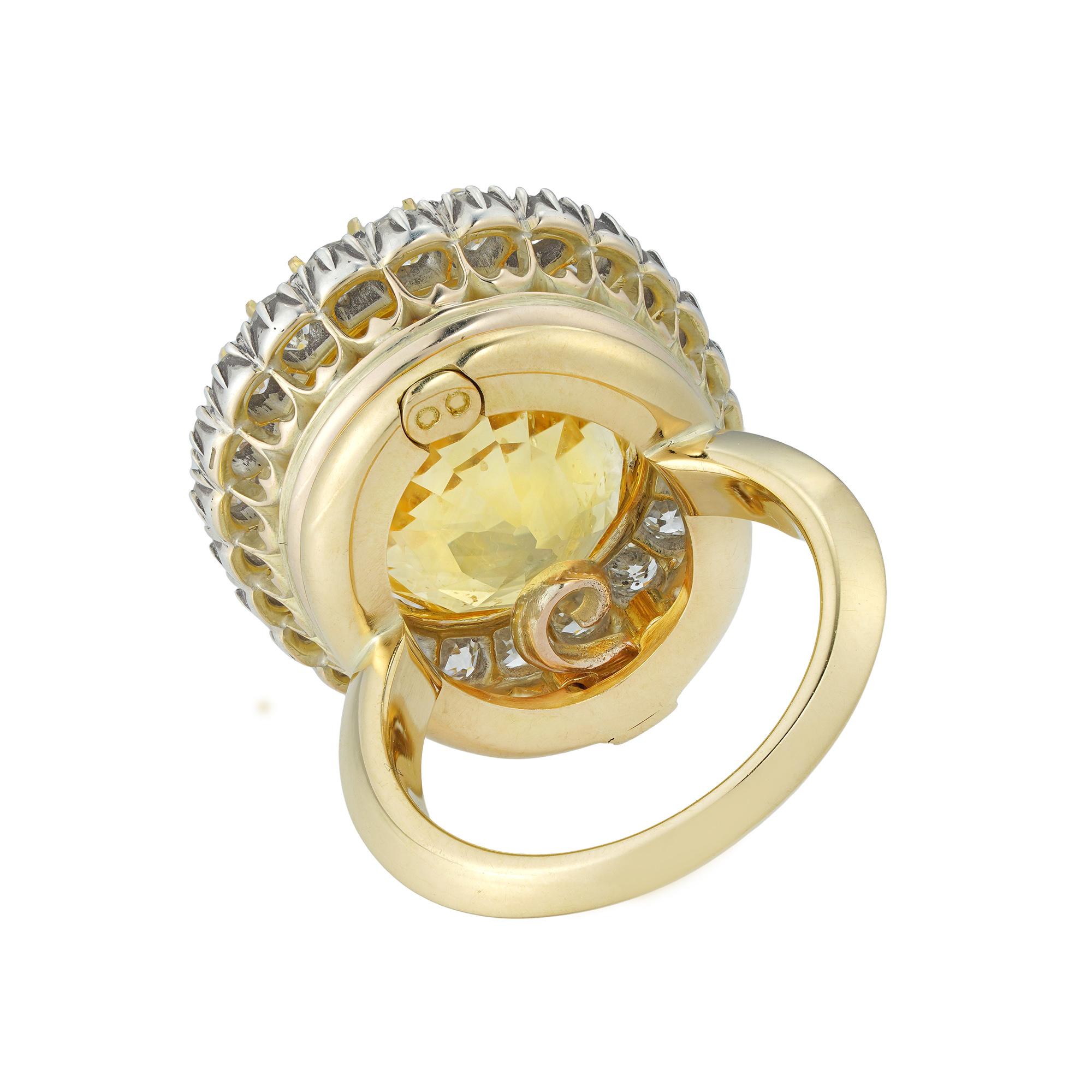 Gelbe Saphir- und Diamant-Cluster-Brosche/Ring (Antiker Kissenschliff) im Angebot
