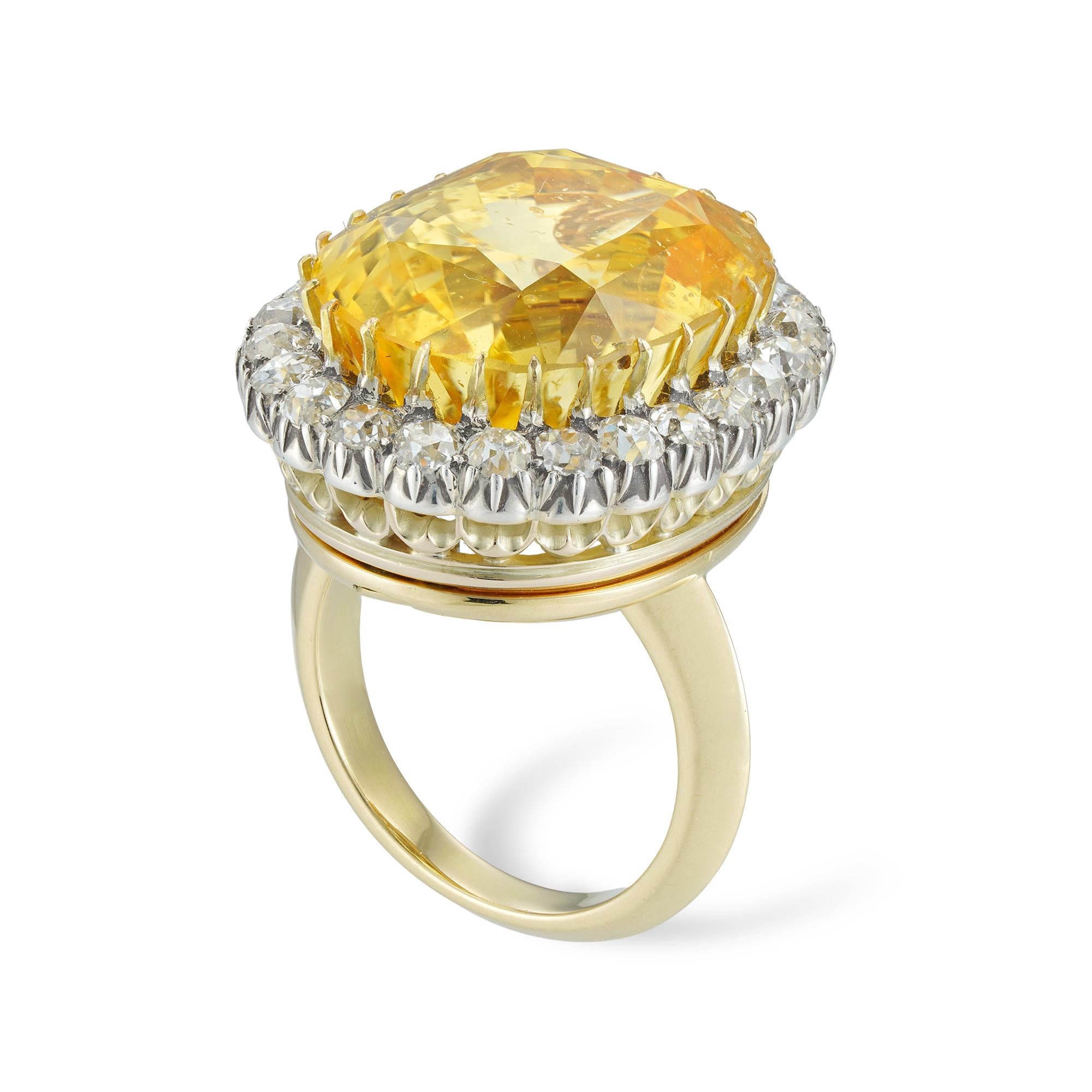 An Important Victorian yellow sapphire and diamond brooch/ring, the natural sapphire weighing 31.58 carats, accompanied by GCS Report stating to be of Sri Lankan origin with no indication of heating, claw-set in yellow gold, surrounded by twenty