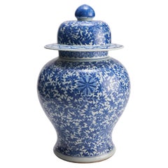 Un imponente vaso da tempio cinese in bianco e blu del XIX secolo con coperchio