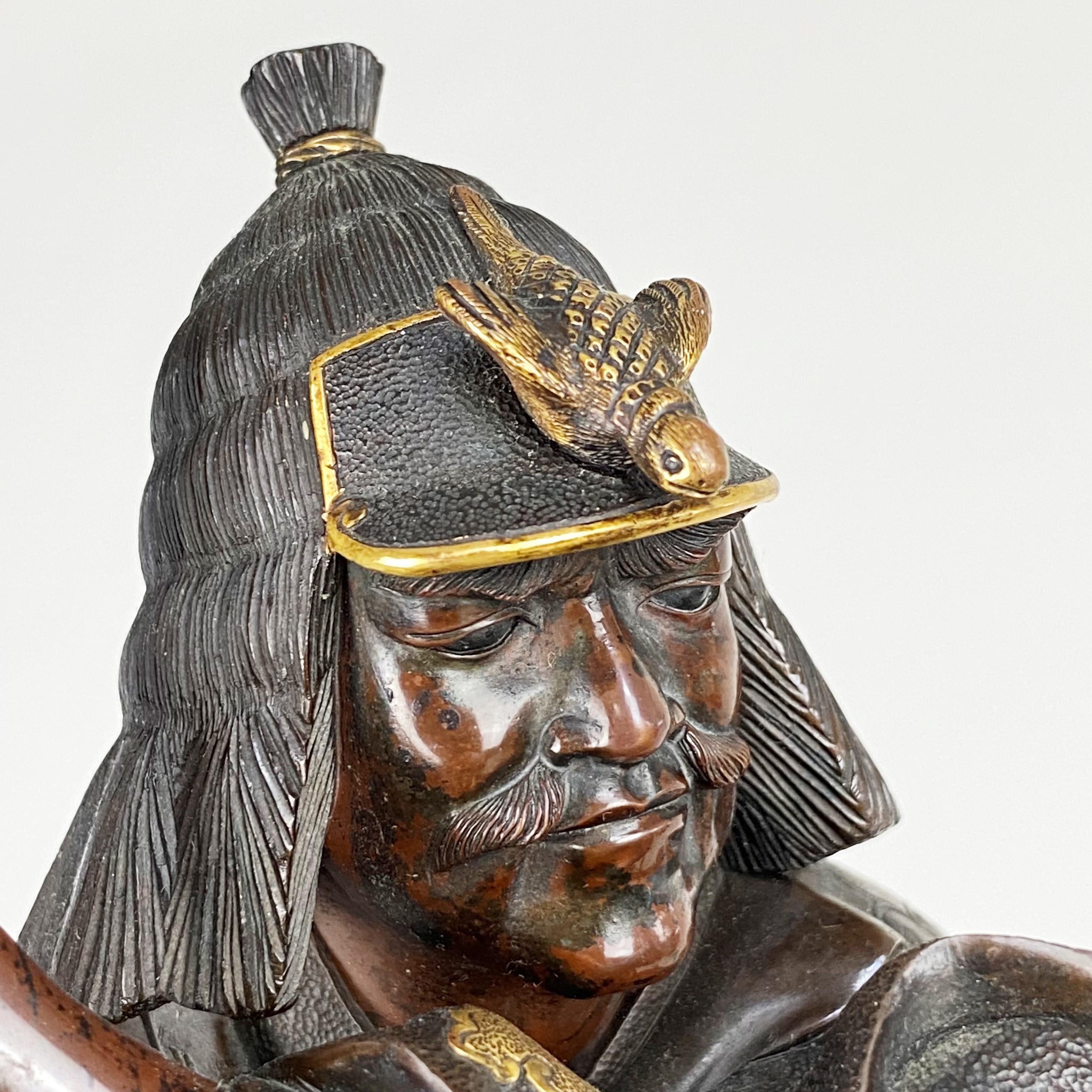 Carved Imposing Late 19th Century Japanese Bronze Okimono of a Samurai For Sale