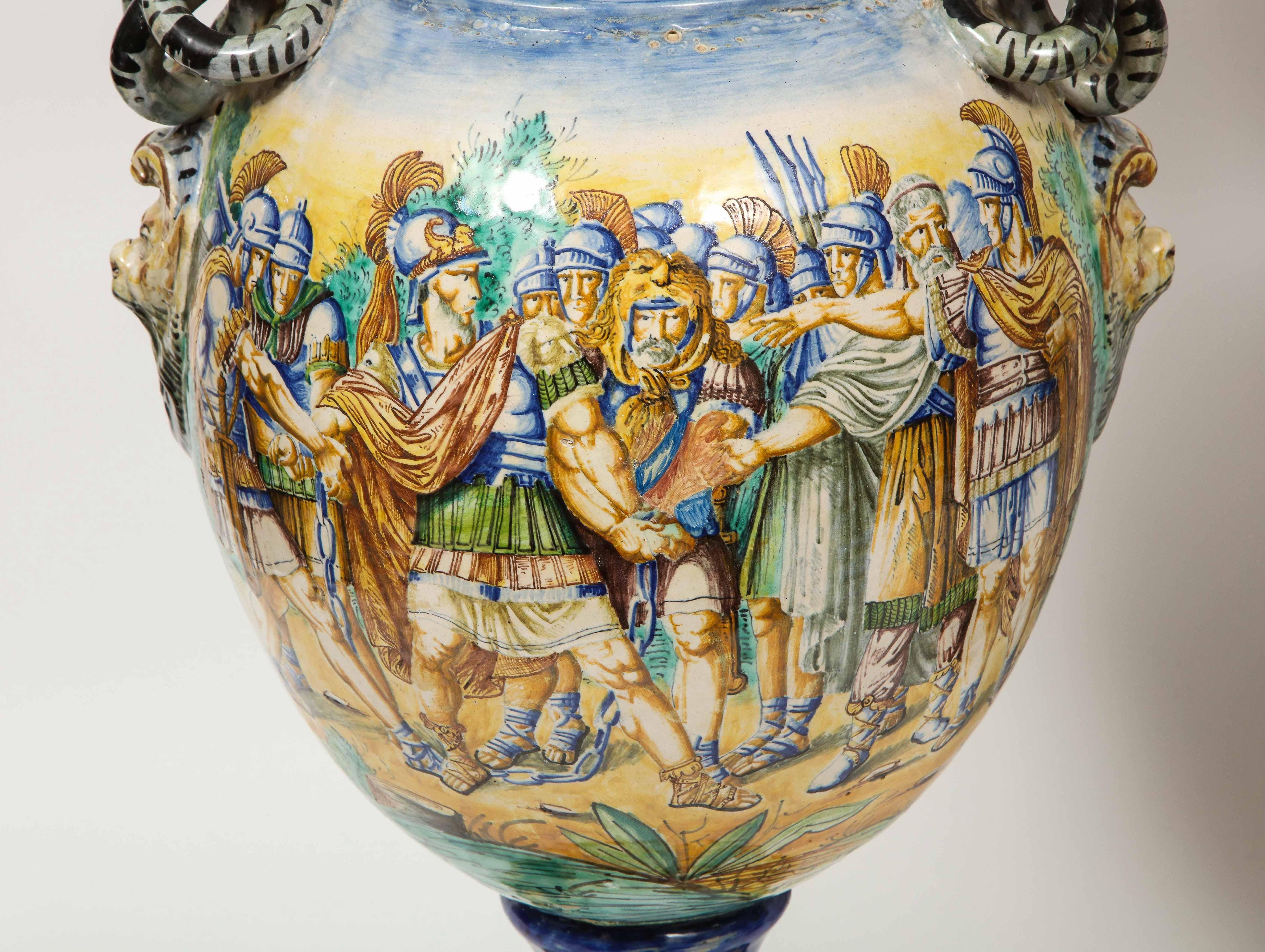 Imposing Pair of Large Antique Italian Majolica Snake-Handled Vases 2