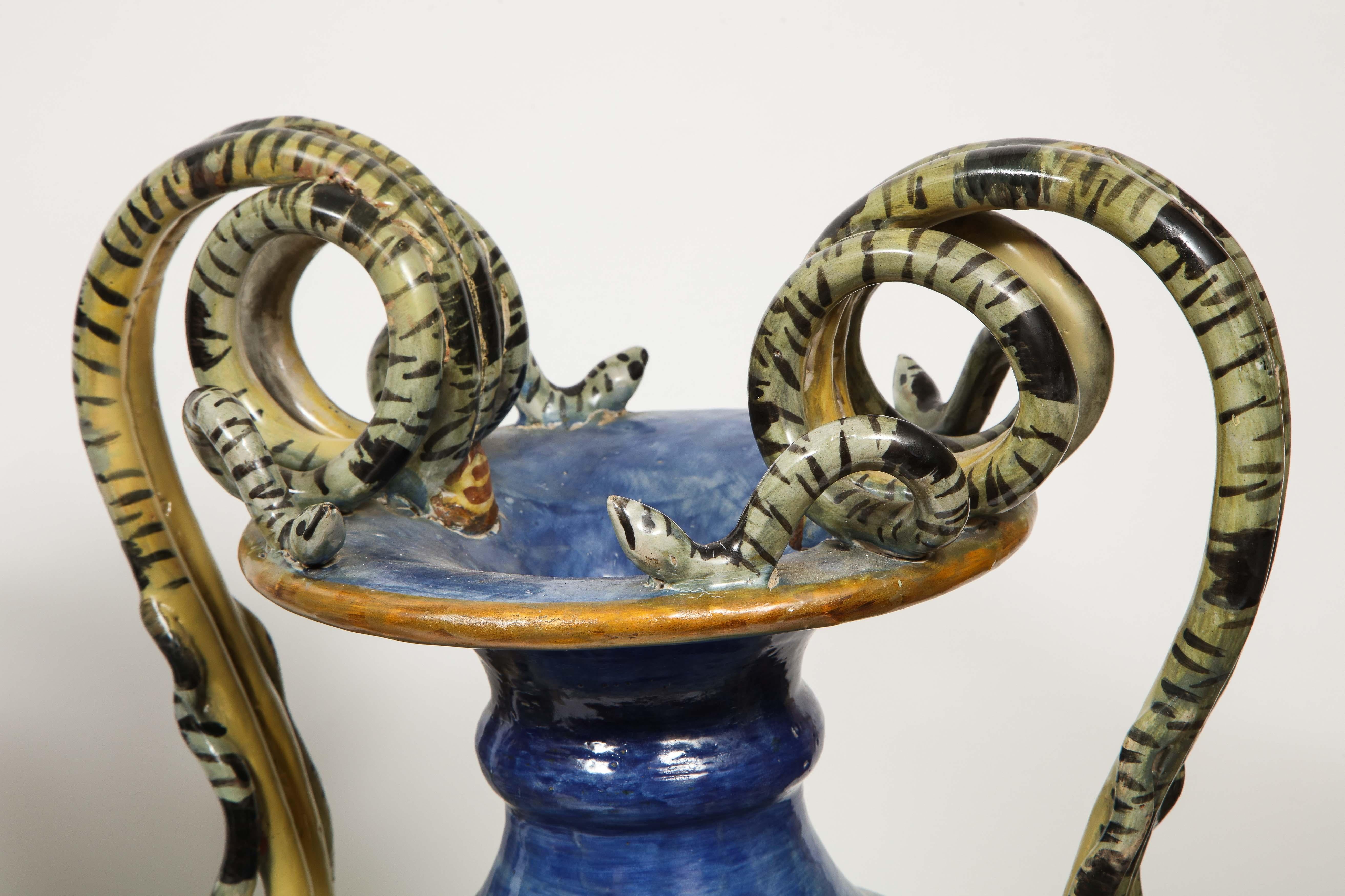 Imposing Pair of Large Antique Italian Majolica Snake-Handled Vases 4