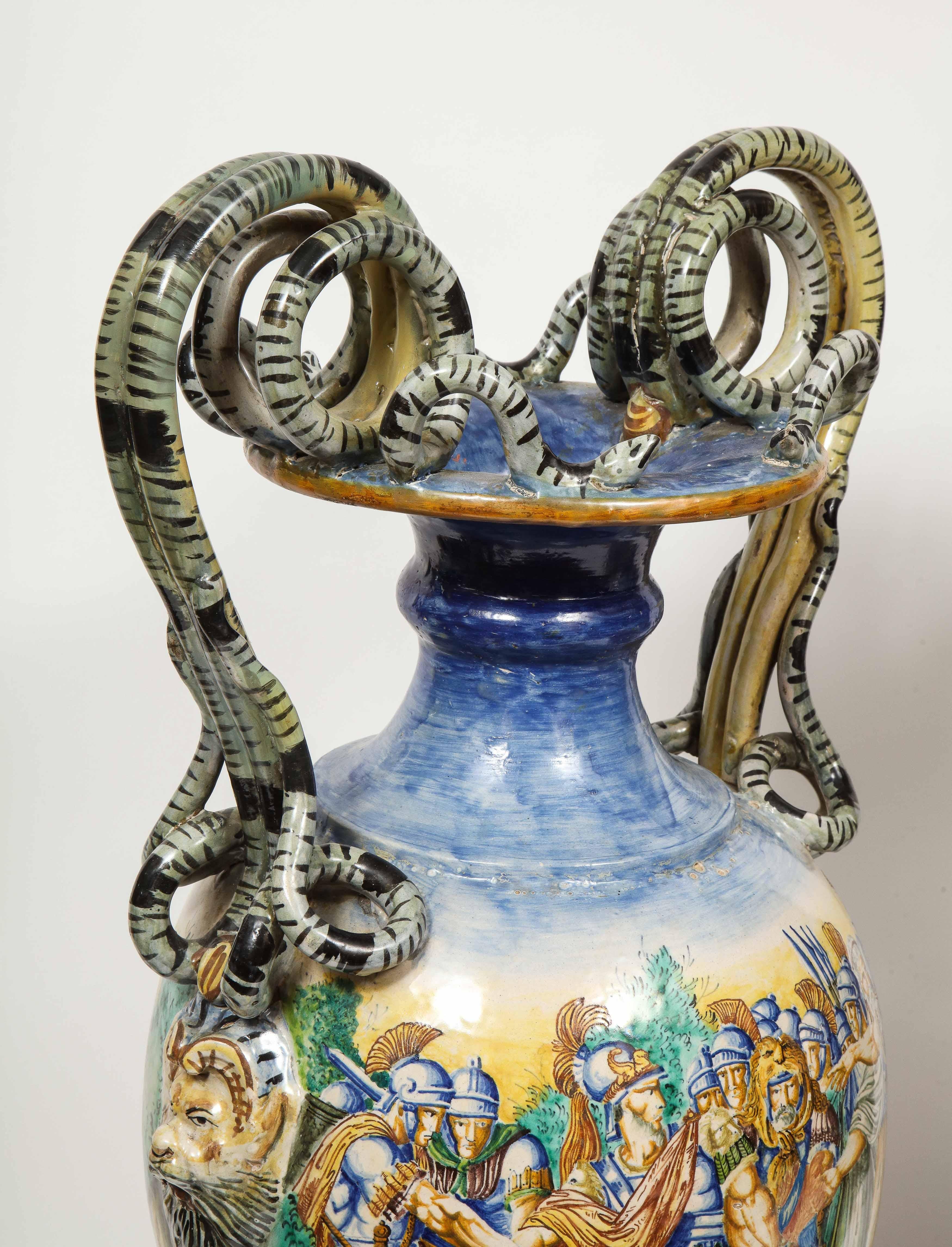 Imposing Pair of Large Antique Italian Majolica Snake-Handled Vases 5