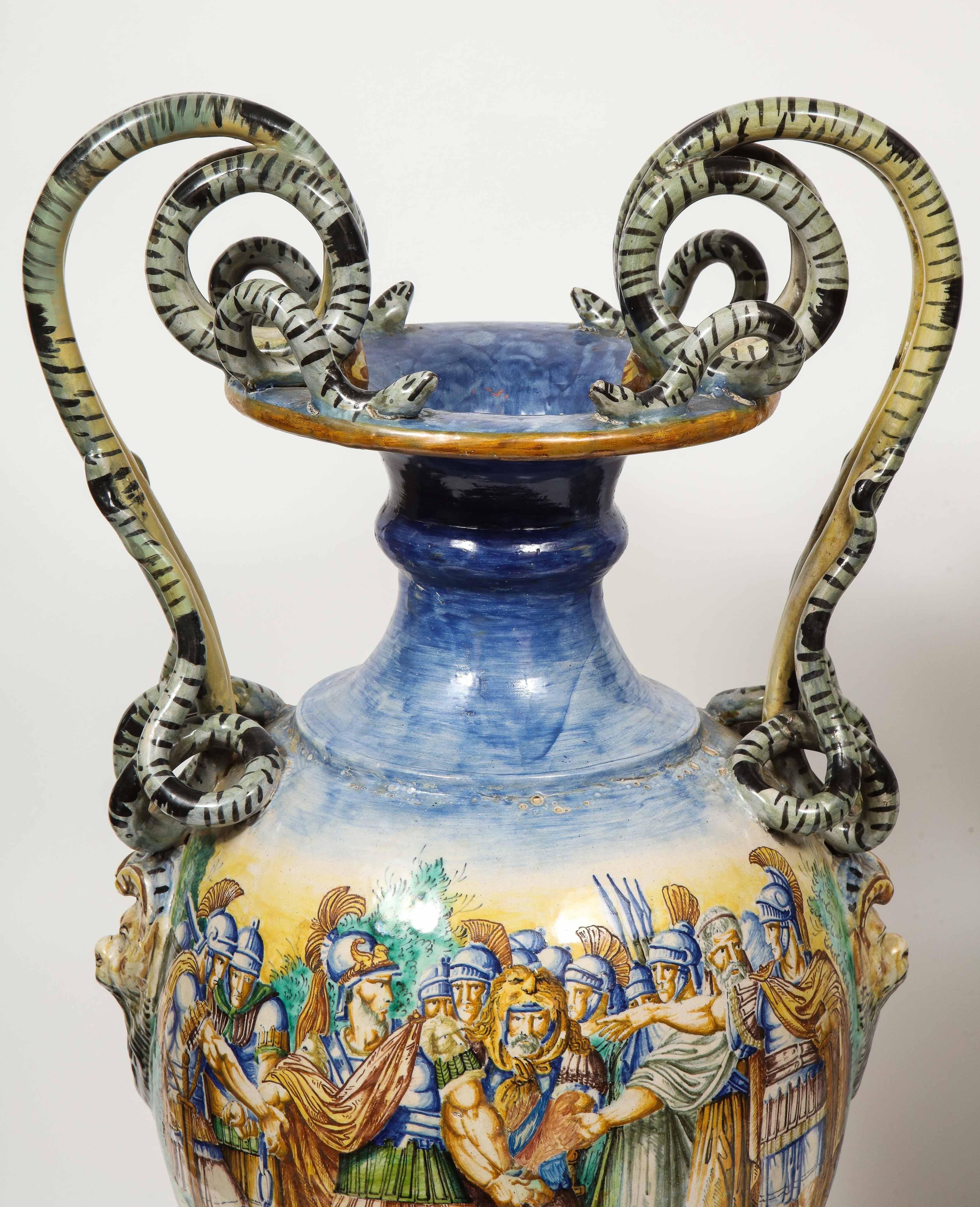 Imposing Pair of Large Antique Italian Majolica Snake-Handled Vases 6