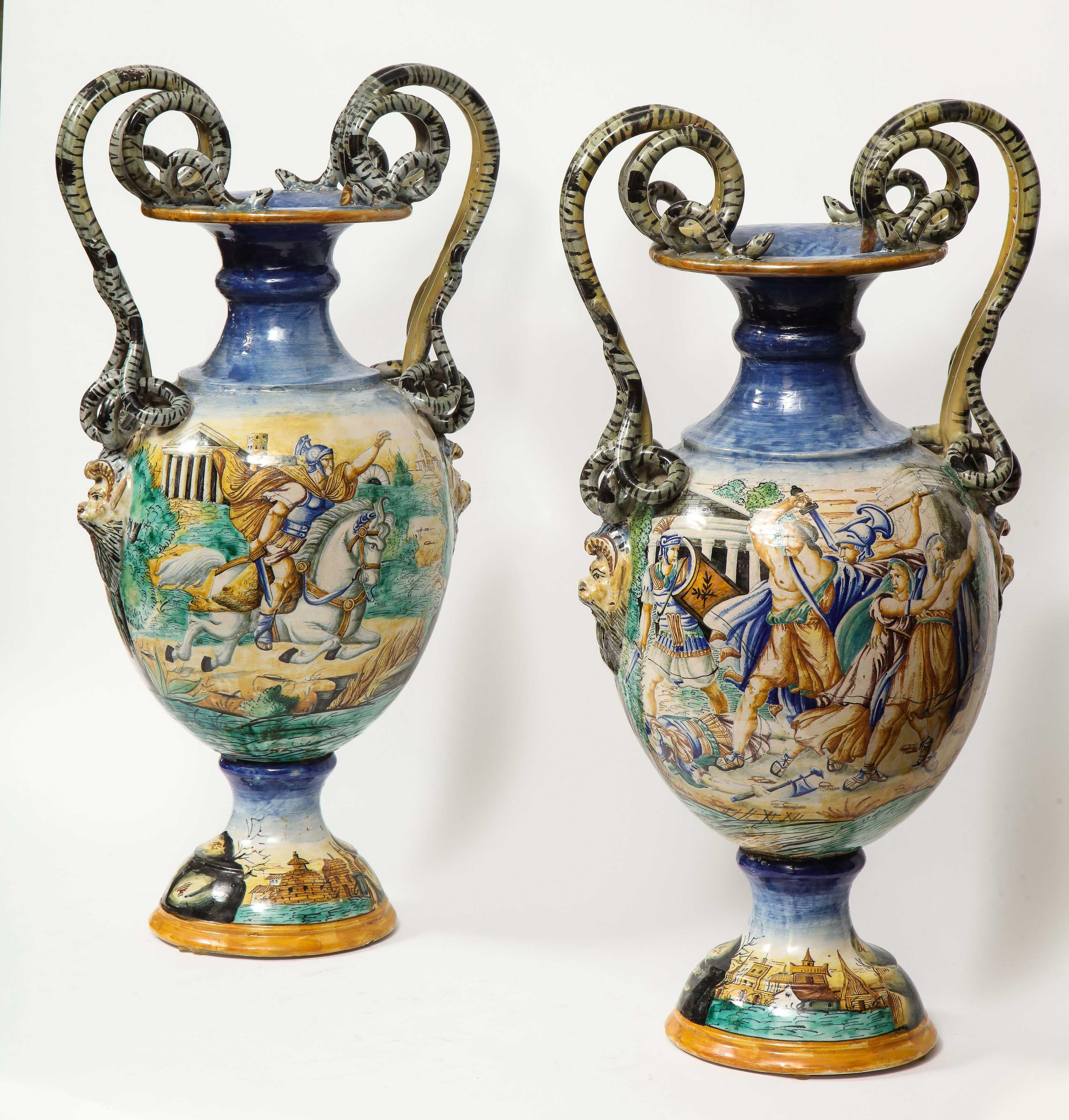 Renaissance Imposing Pair of Large Antique Italian Majolica Snake-Handled Vases