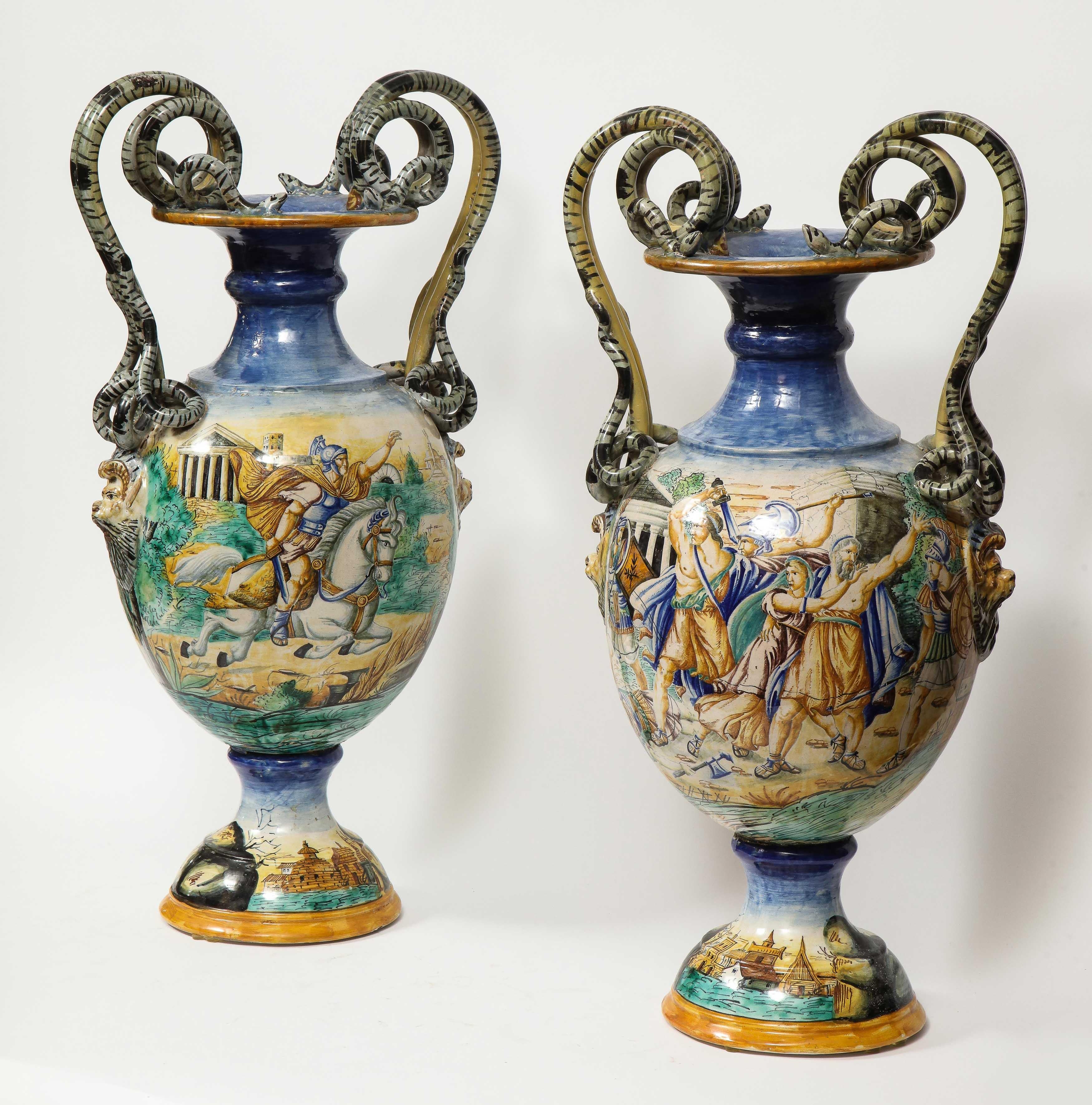 Imposing Pair of Large Antique Italian Majolica Snake-Handled Vases In Good Condition In New York, NY