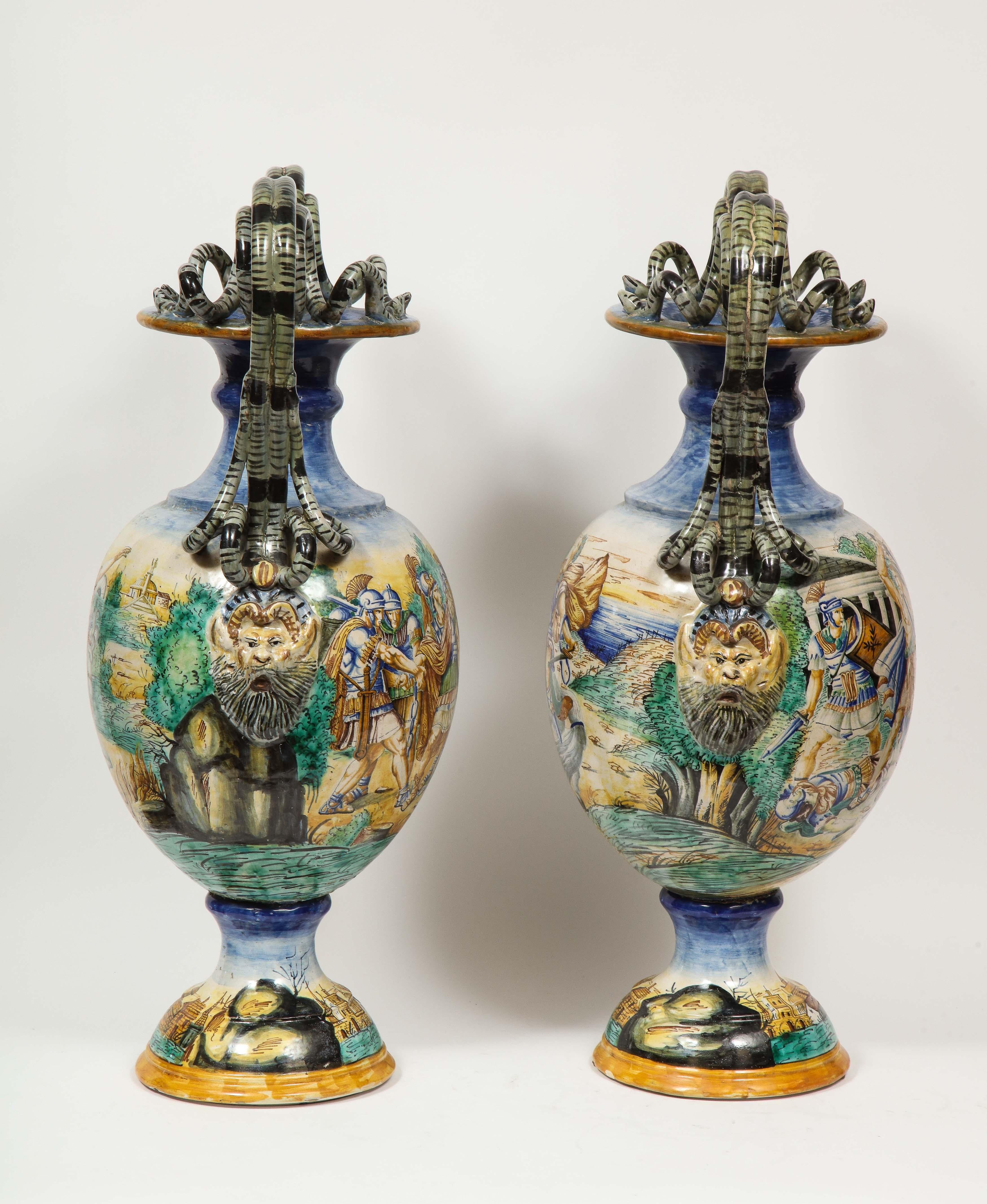 19th Century Imposing Pair of Large Antique Italian Majolica Snake-Handled Vases
