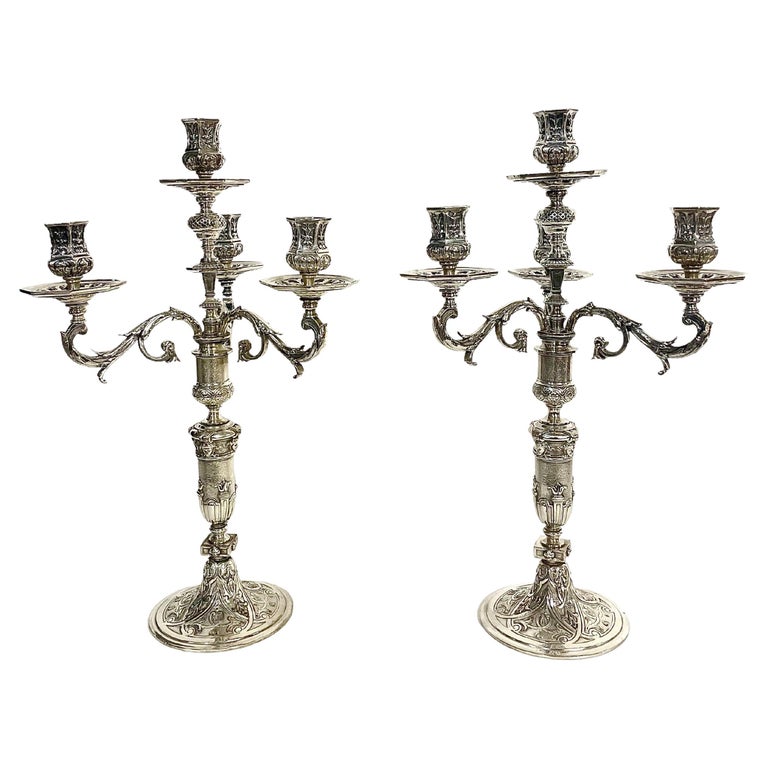 Imposing Pair of Tall Renaissance Style Silvered Bronze Candelabras For Sale at 1stDibs