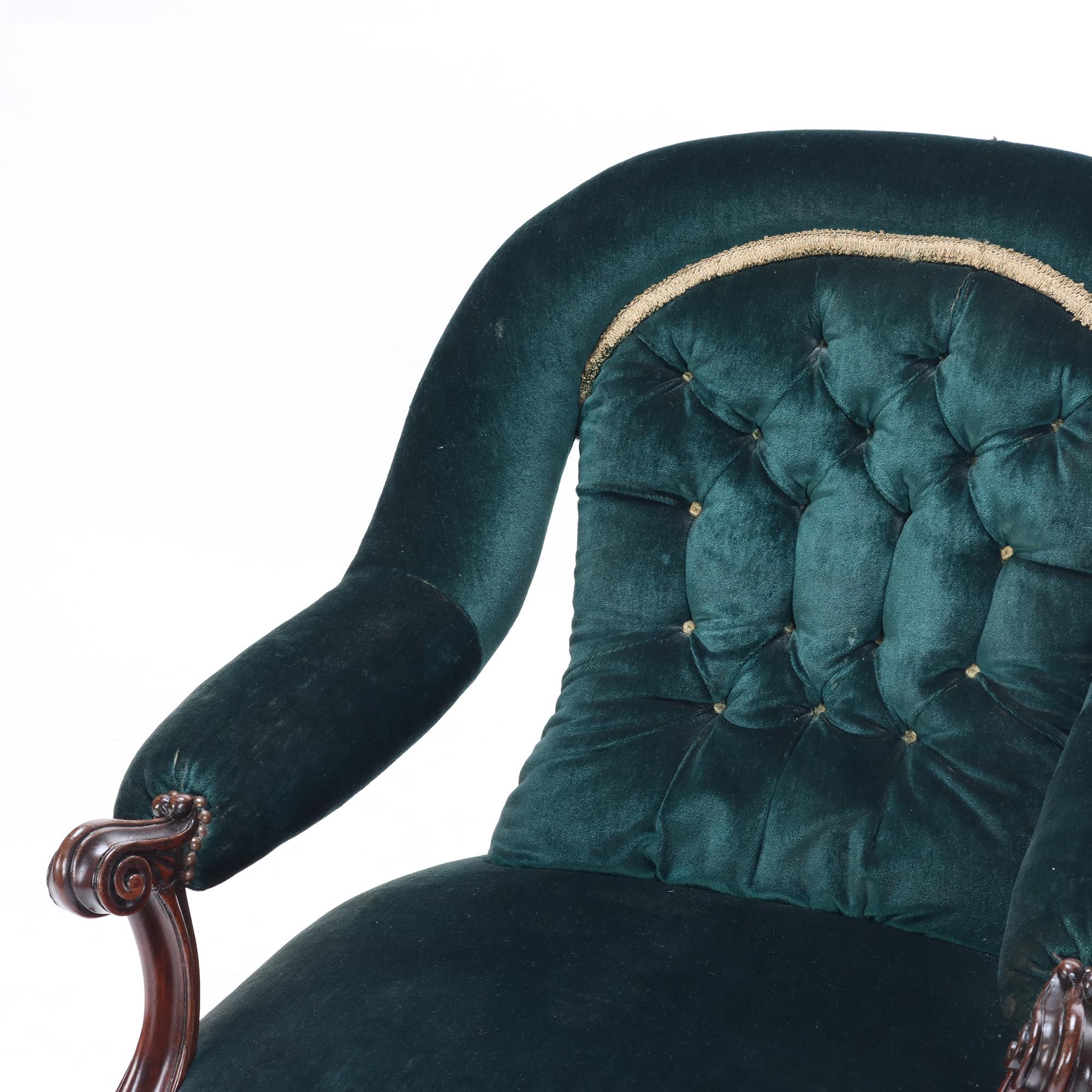 Imposing Velvet Upholstered Library Armchair with Continuous Arm, 19th C. In Good Condition For Sale In Philadelphia, PA