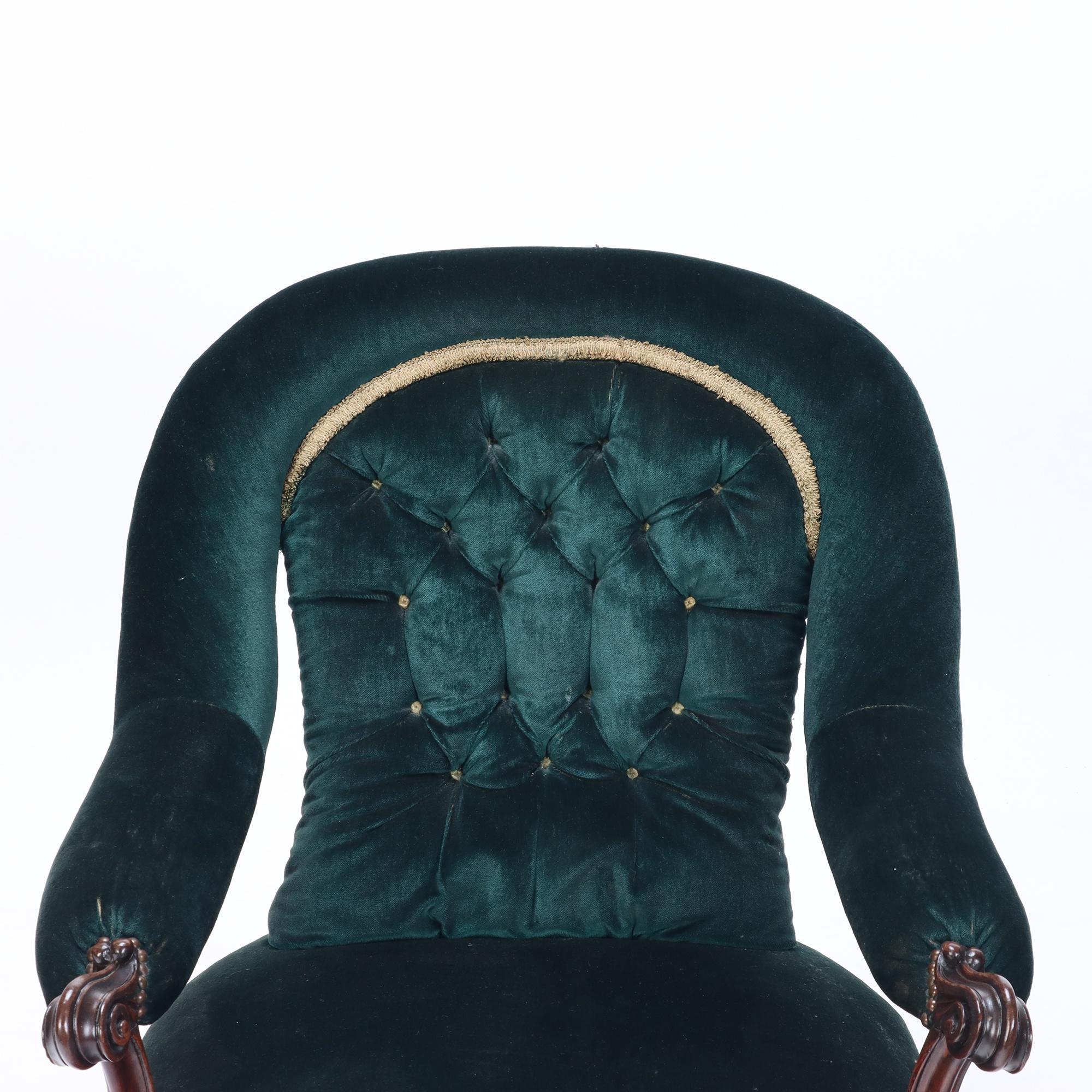19th Century Imposing Velvet Upholstered Library Armchair with Continuous Arm, 19th C. For Sale