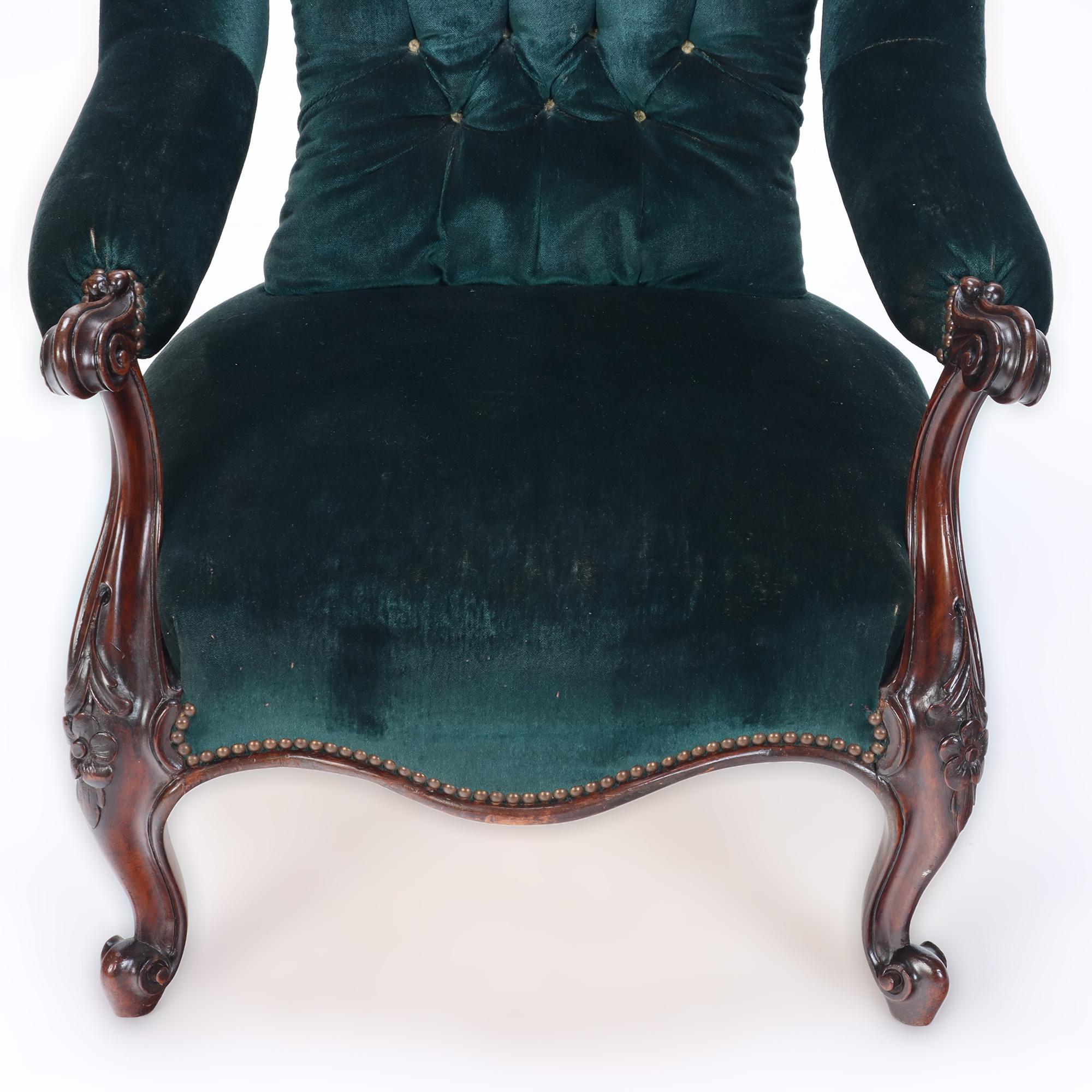 Upholstery Imposing Velvet Upholstered Library Armchair with Continuous Arm, 19th C. For Sale