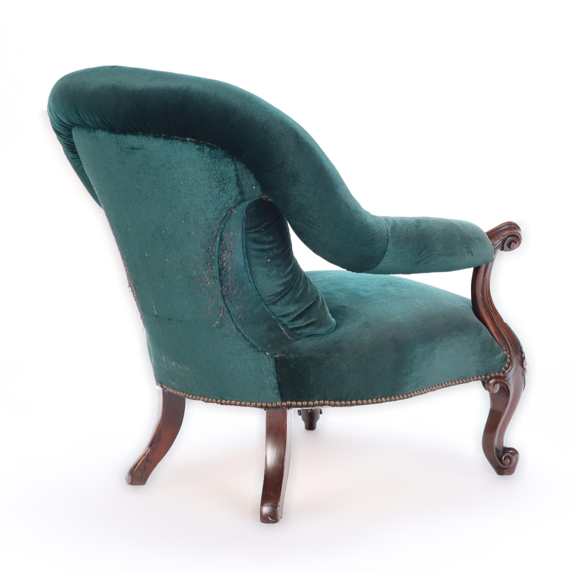 Imposing Velvet Upholstered Library Armchair with Continuous Arm, 19th C. For Sale 3