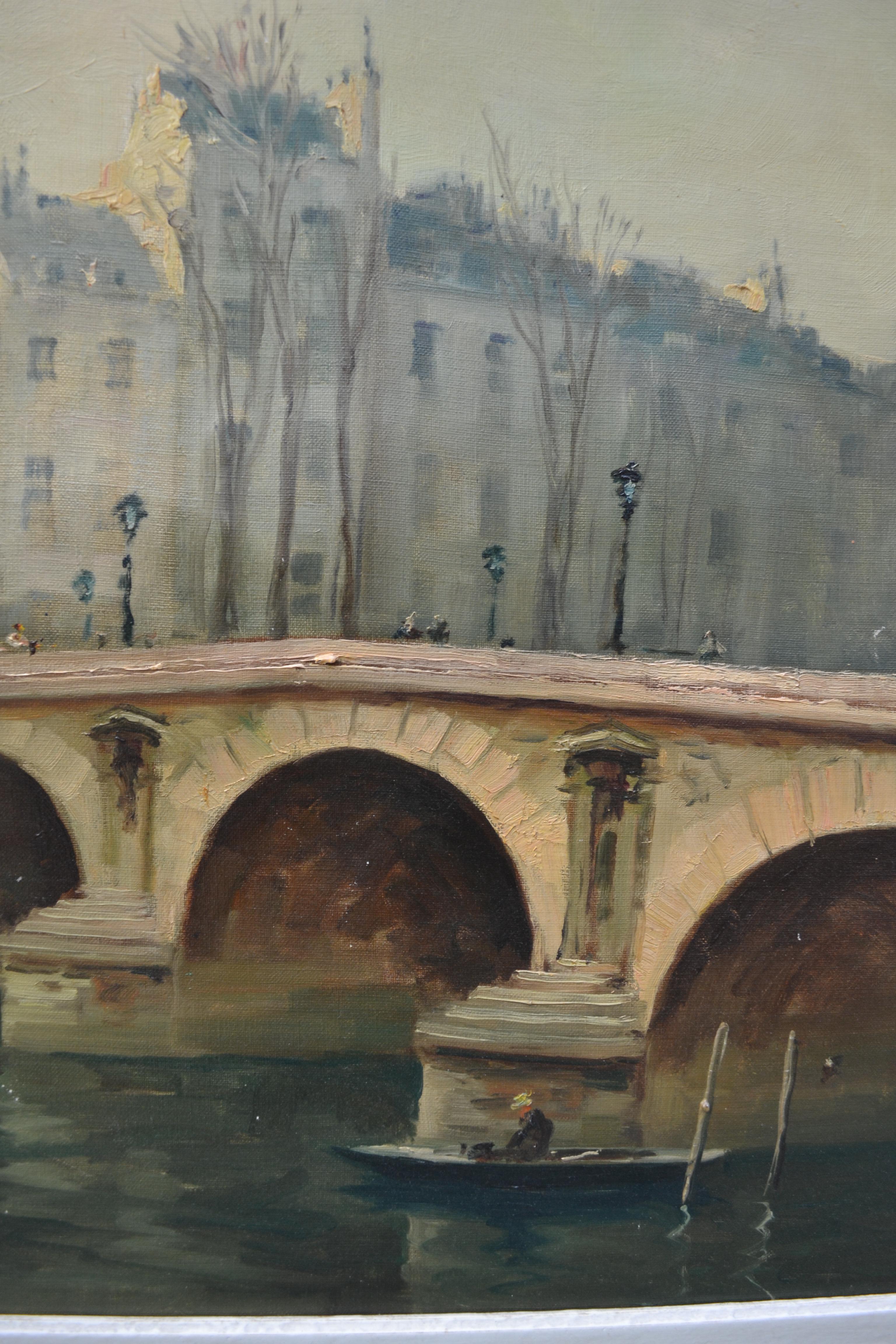 Mid-Century Modern Impressionist Style Painting of Le Pont Marie in Paris Signed Morgan For Sale