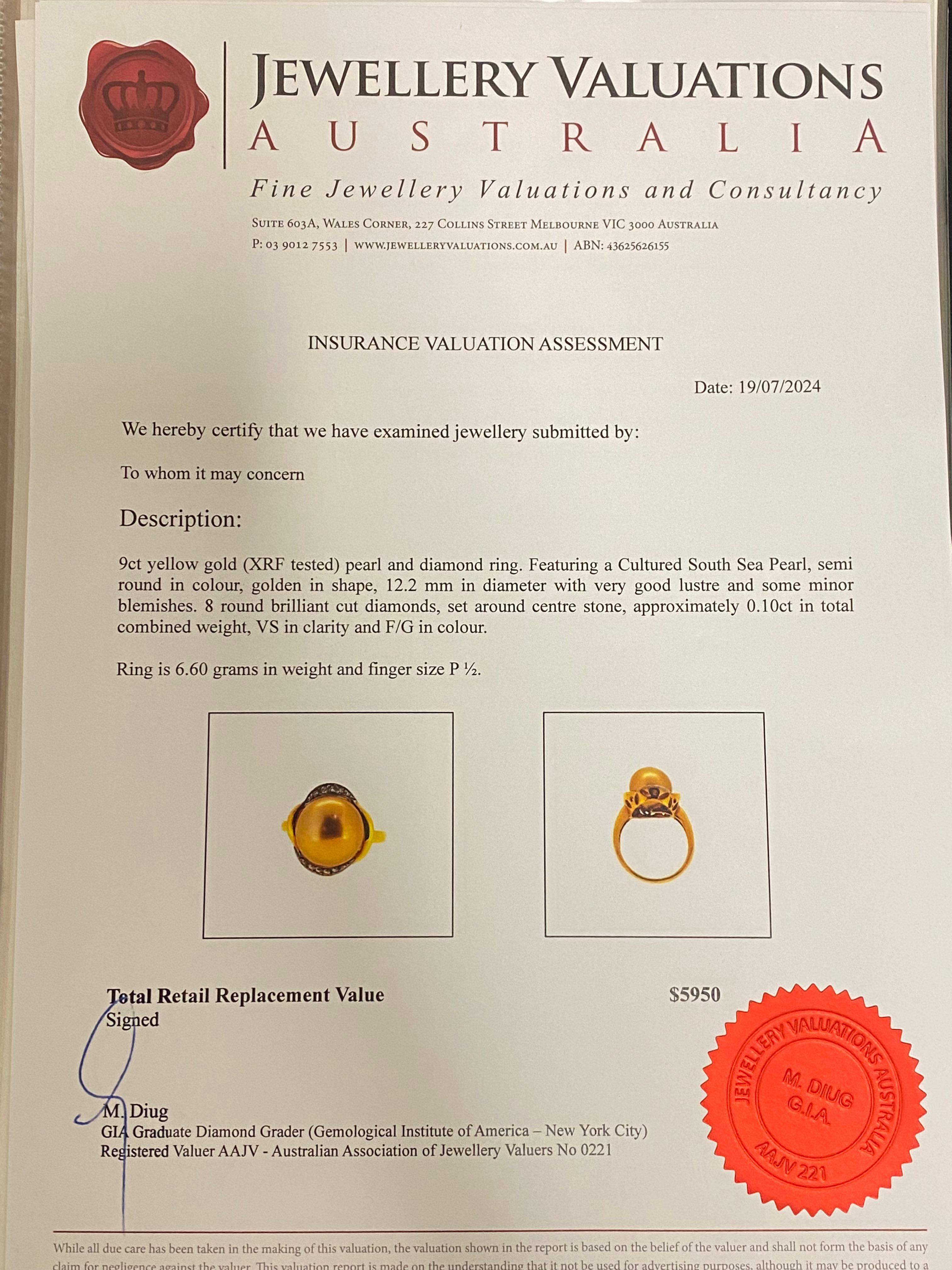 Beeindruckender 12,5 mm goldener Perlen- und Diamantring in 9 Karat Gelbgold von höchster Qualität (Rundschliff)