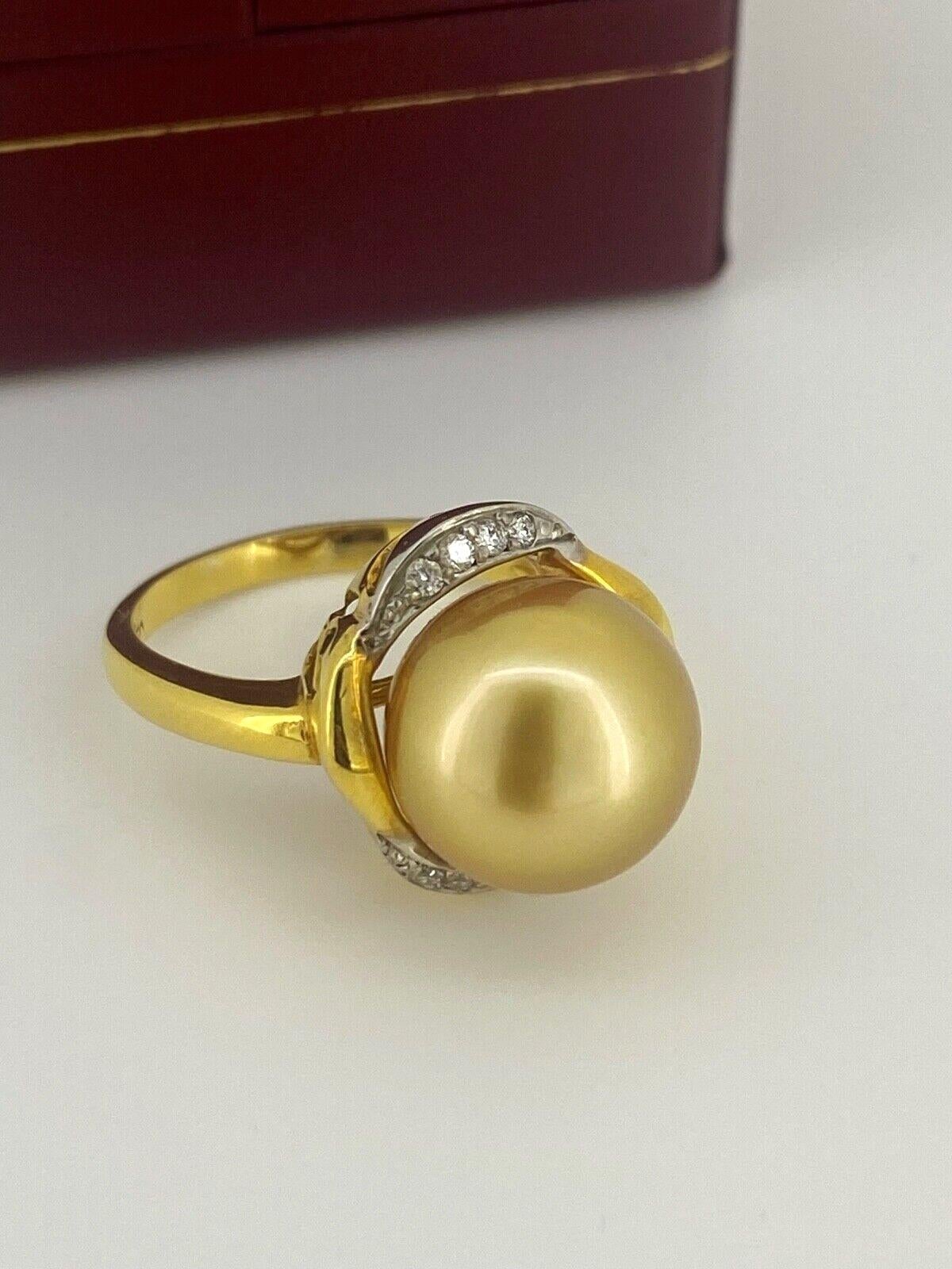 Beeindruckender 12,5 mm goldener Perlen- und Diamantring in 9 Karat Gelbgold von höchster Qualität im Zustand „Hervorragend“ in MELBOURNE, AU
