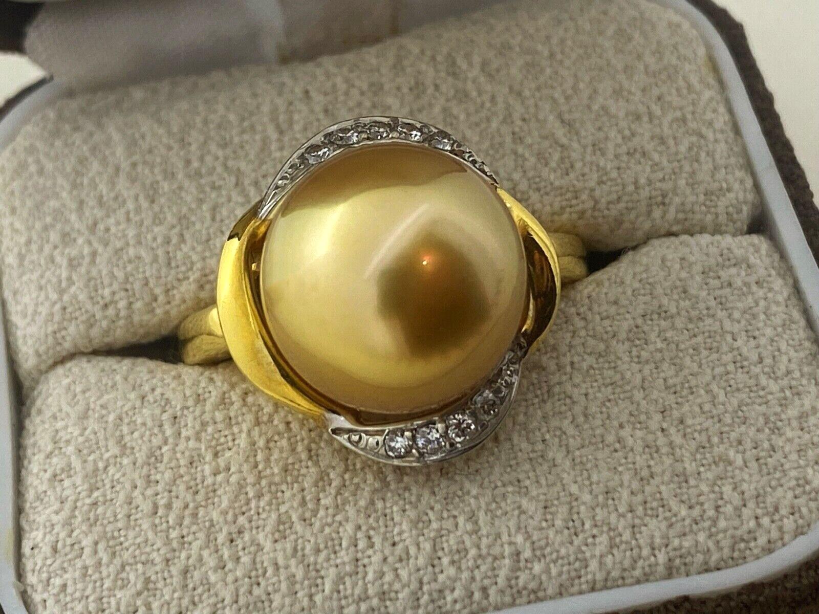 Beeindruckender 12,5 mm goldener Perlen- und Diamantring in 9 Karat Gelbgold von höchster Qualität Damen
