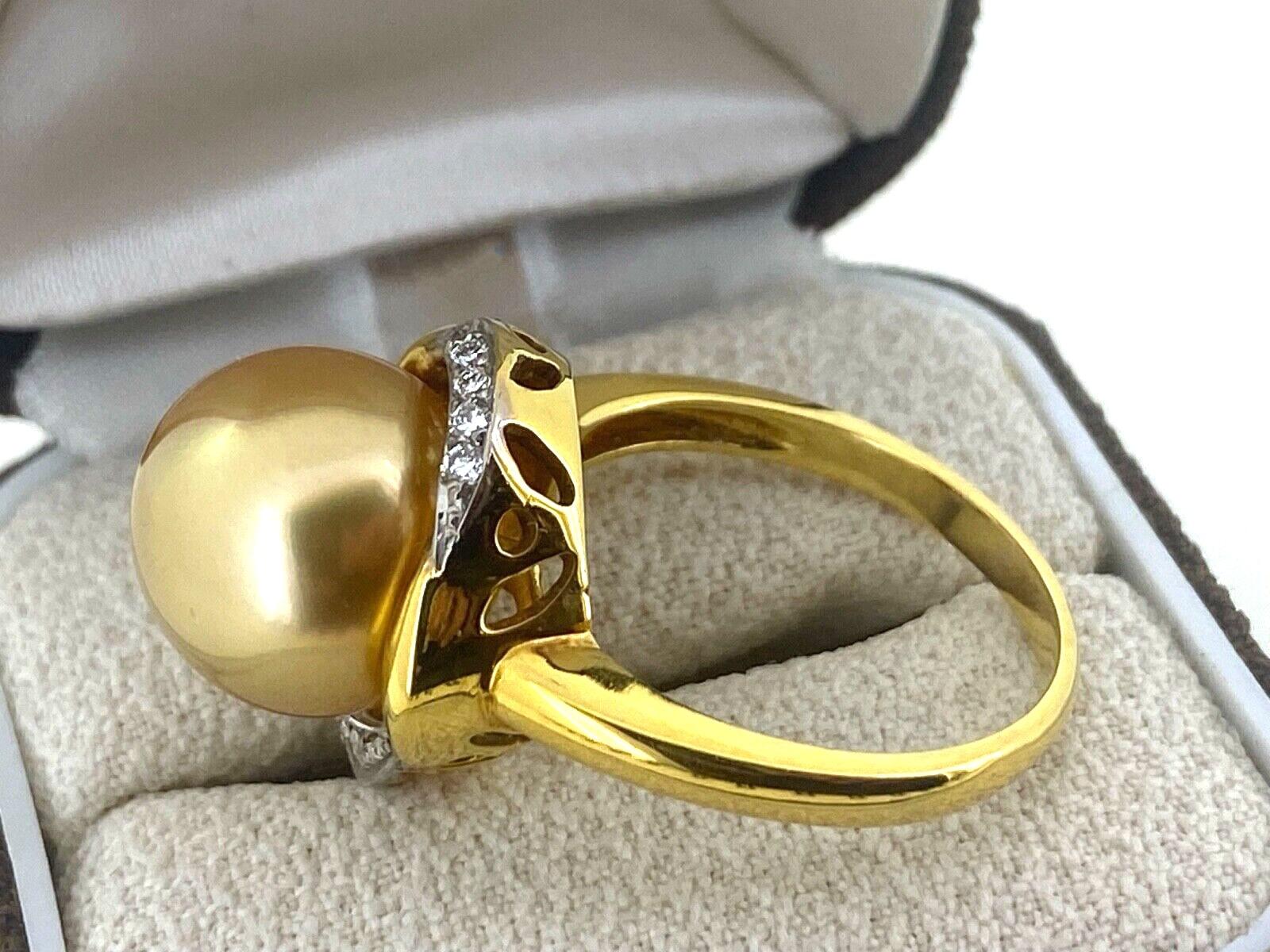 Beeindruckender 12,5 mm goldener Perlen- und Diamantring in 9 Karat Gelbgold von höchster Qualität 1