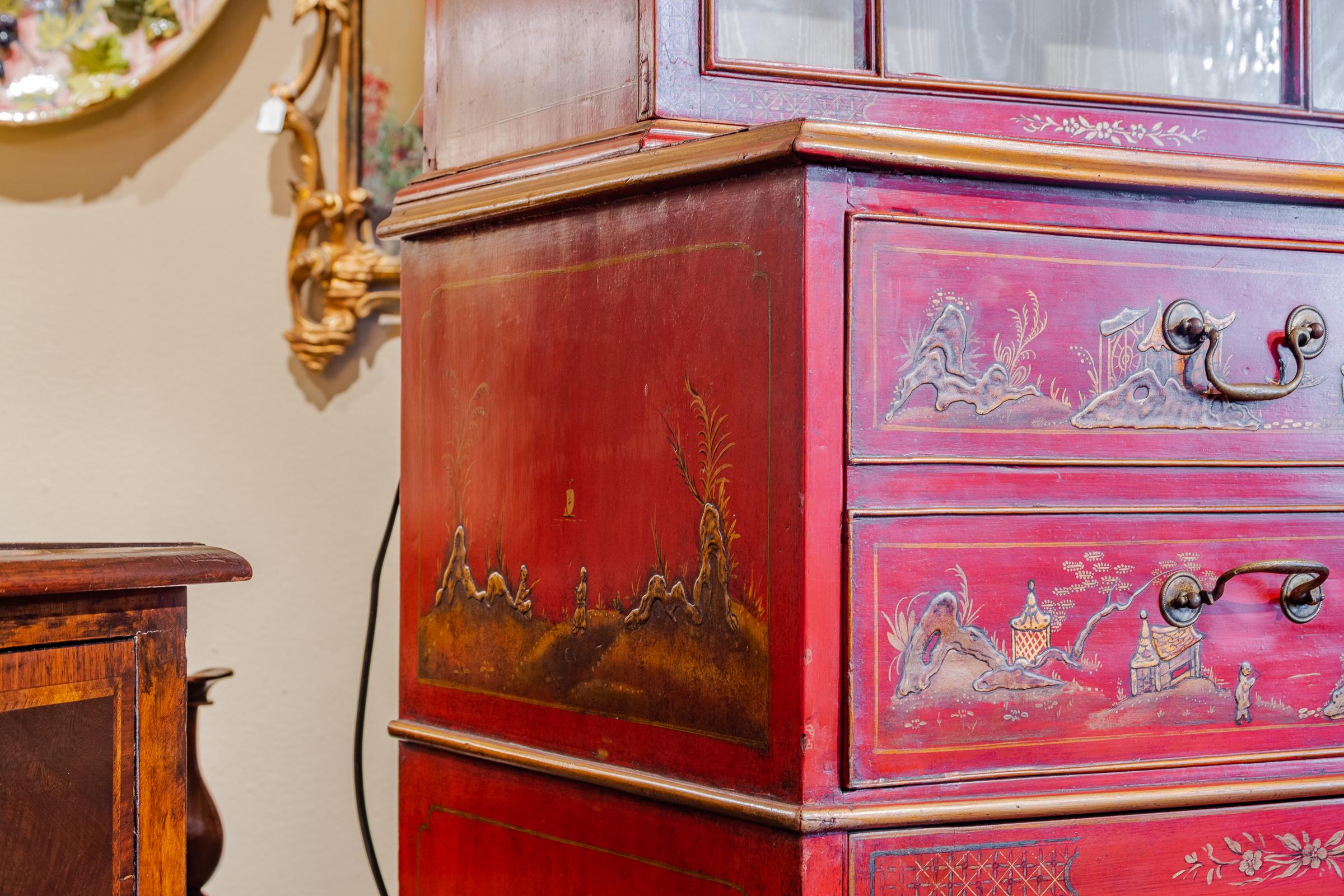 Impressive 18th Century Chinoiserie Red Lacquered Drop Front Secretary 4