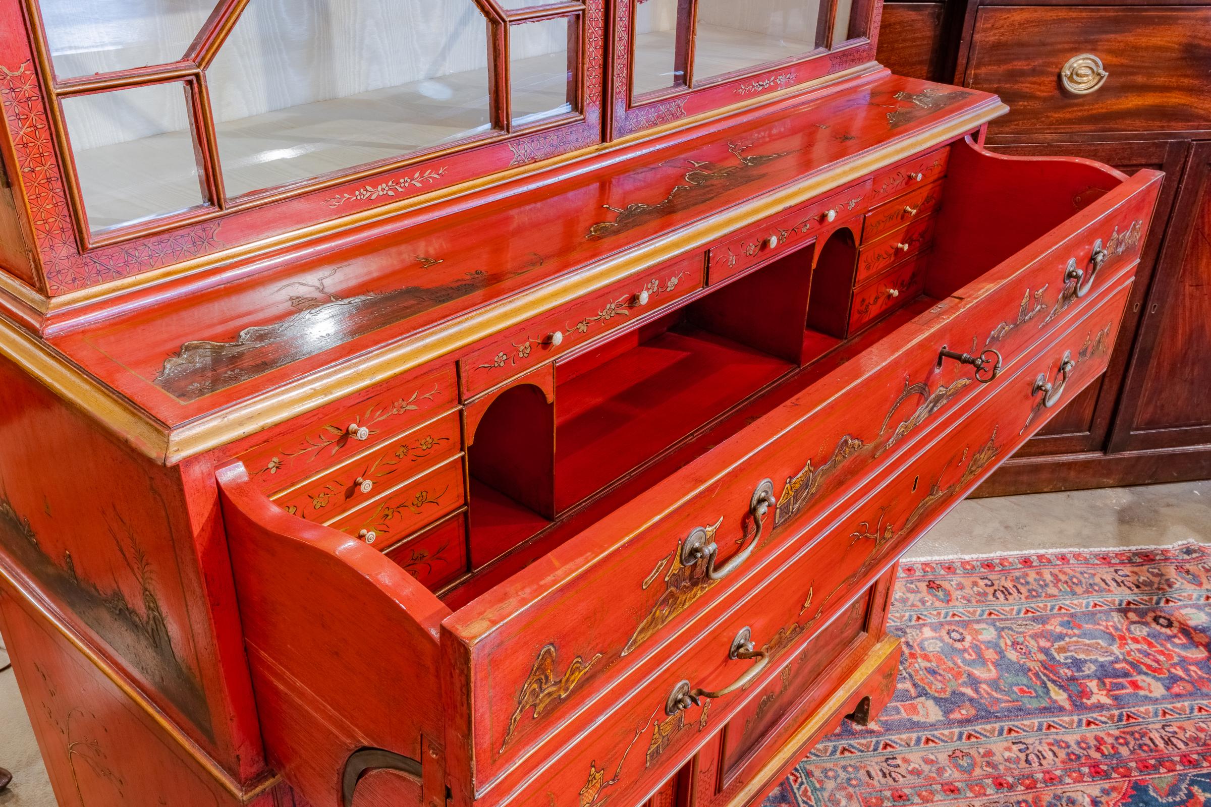 English Impressive 18th Century Chinoiserie Red Lacquered Drop Front Secretary