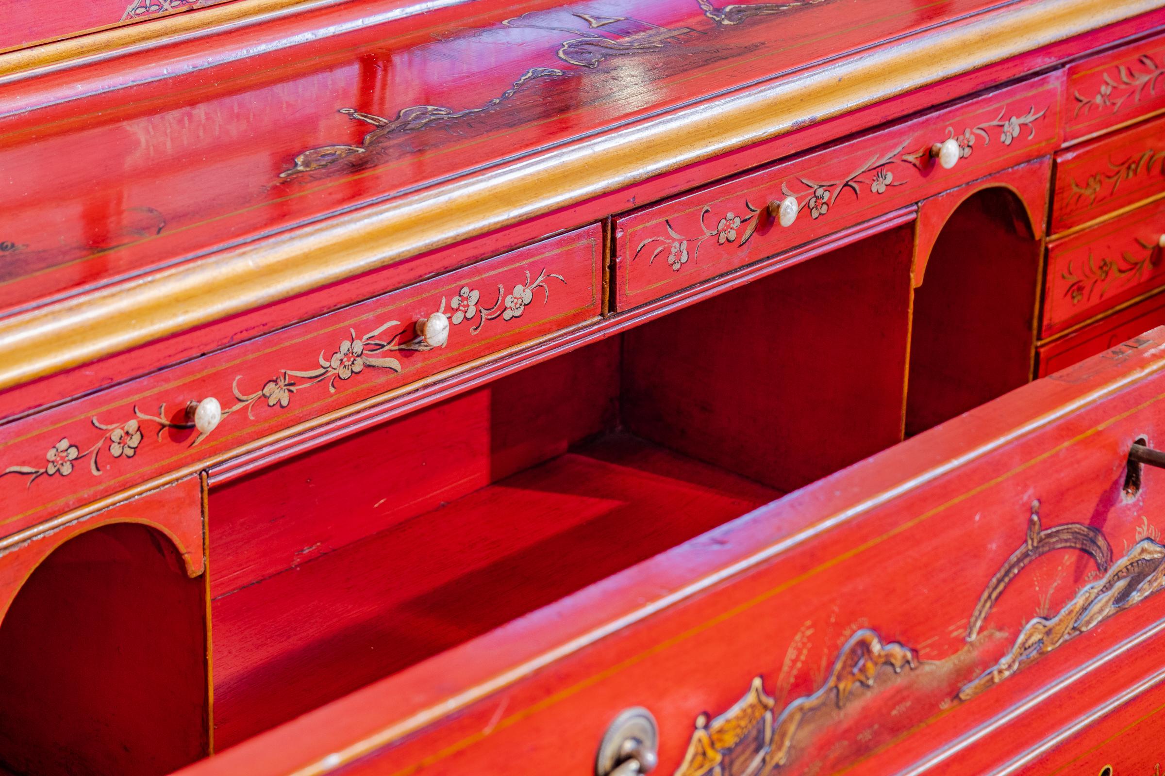 Impressive 18th Century Chinoiserie Red Lacquered Drop Front Secretary In Good Condition In Dallas, TX