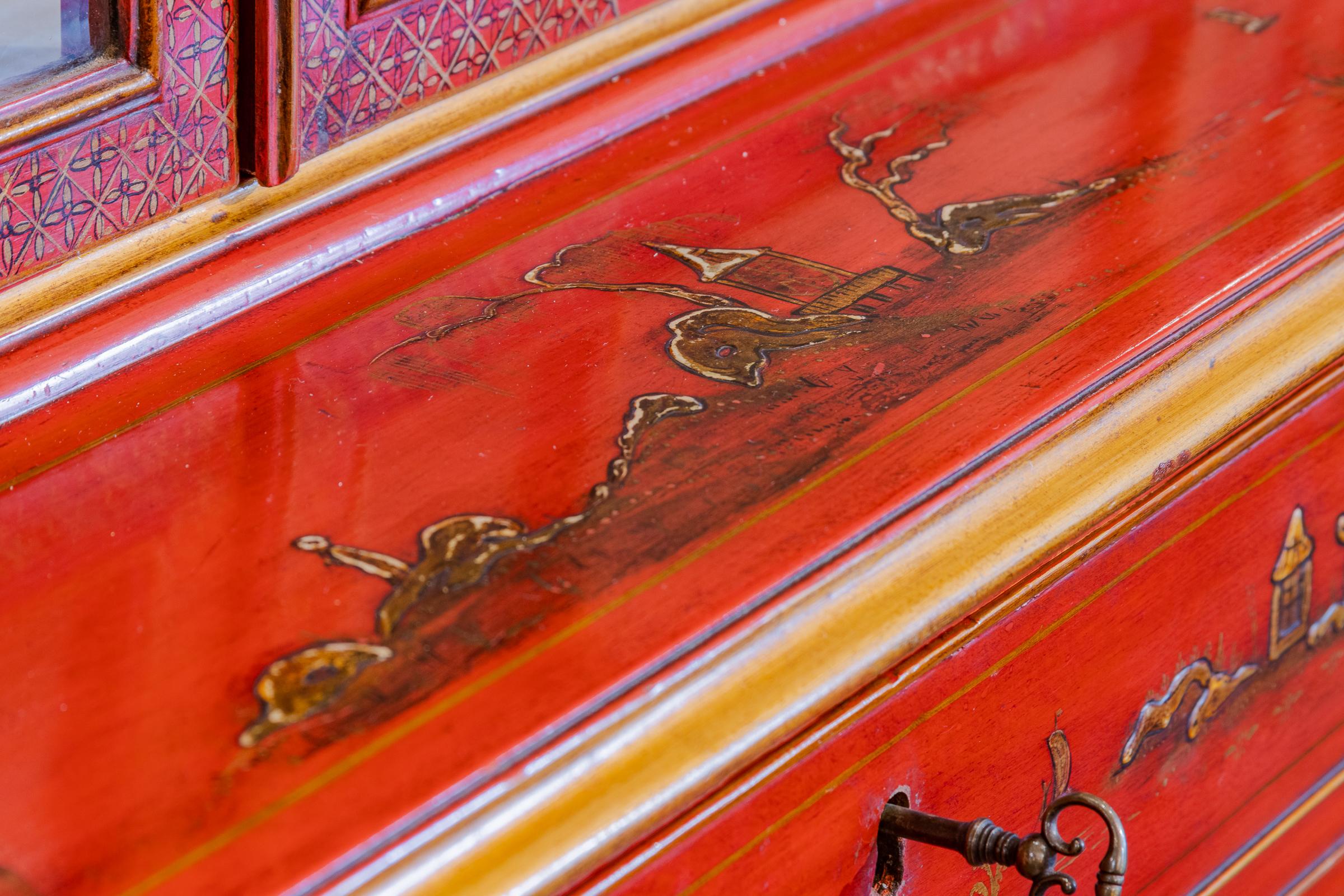 Harewood Impressive 18th Century Chinoiserie Red Lacquered Drop Front Secretary