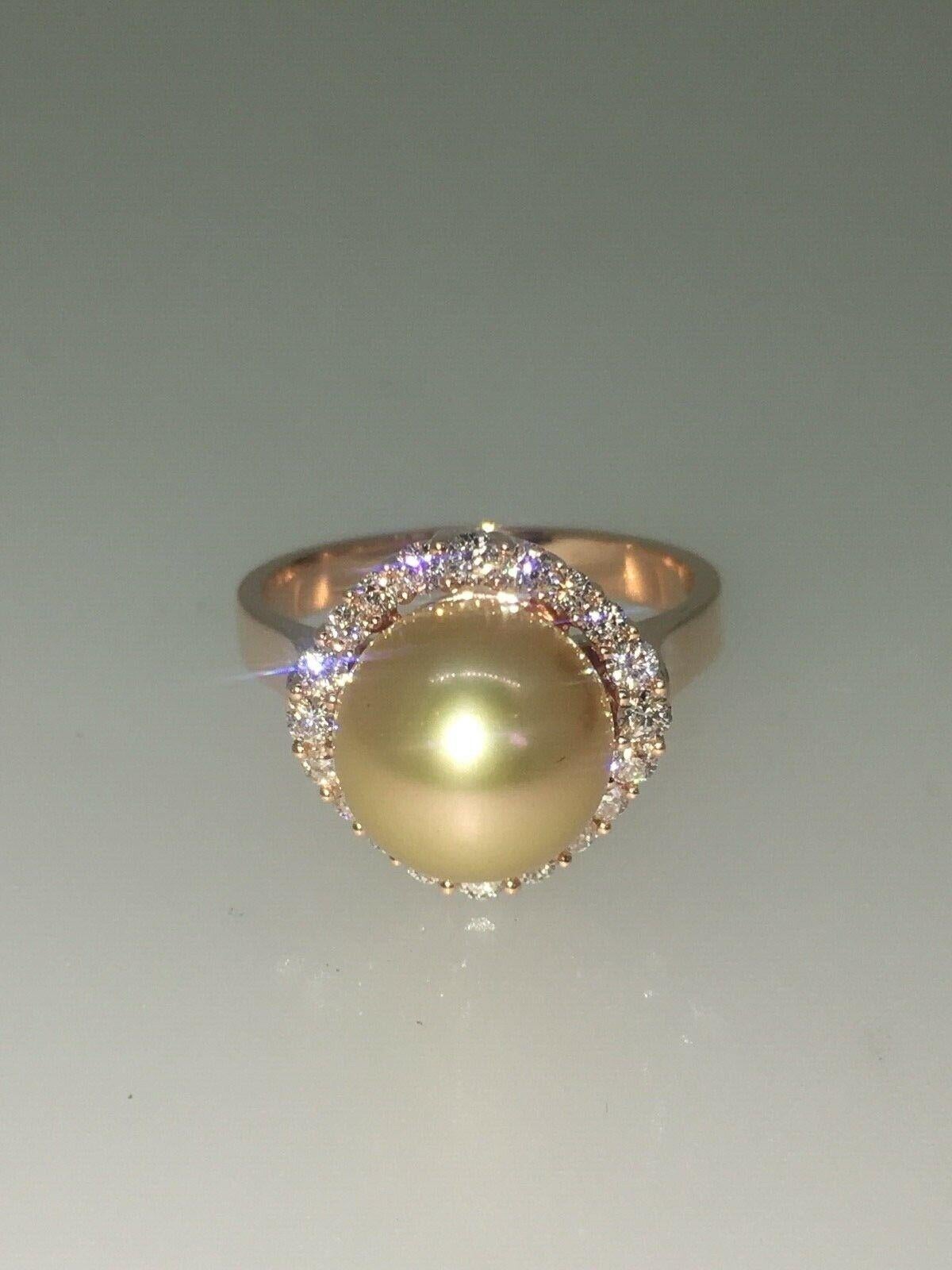 Modern An Impressive 9.6mm Golden Pearl & Top Quality Diamond Ring in 18K Rose Gold For Sale