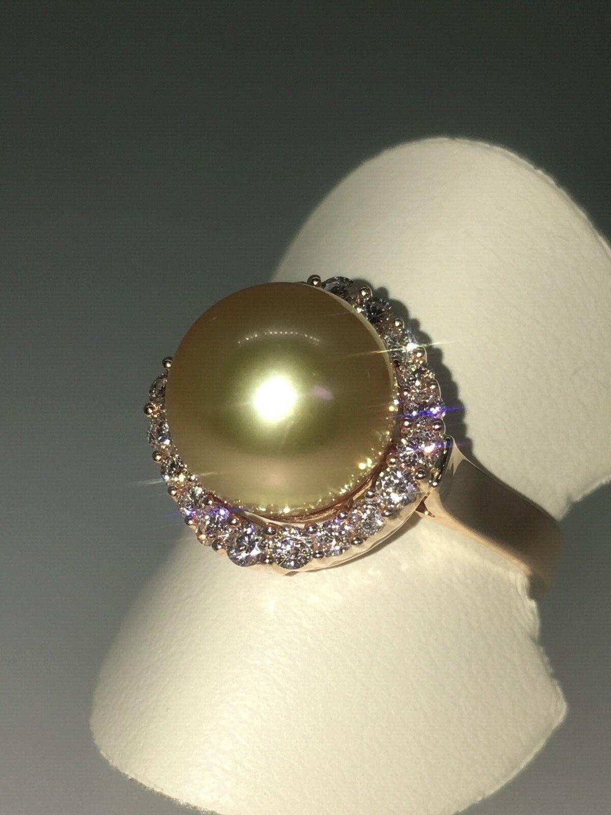 An Impressive 9.6mm Golden Pearl & Top Quality Diamond Ring in 18K Rose Gold In Excellent Condition For Sale In MELBOURNE, AU