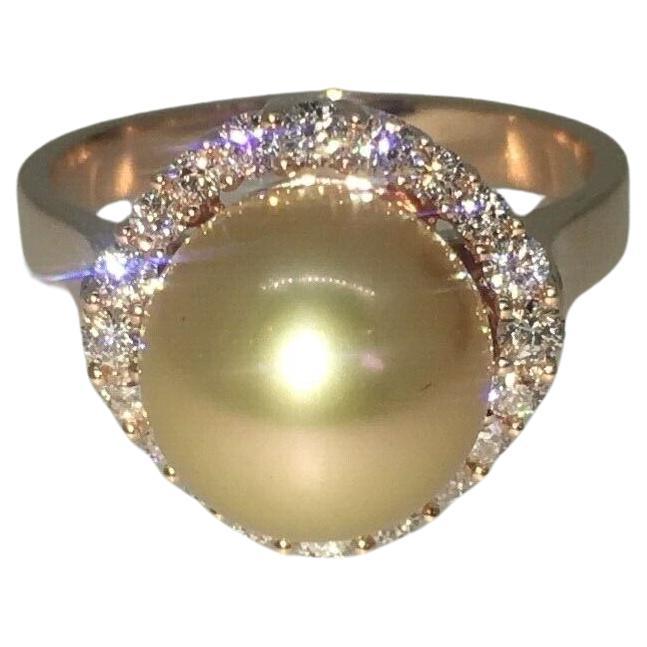 An Impressive 9.6mm Golden Pearl & Top Quality Diamond Ring in 18K Rose Gold For Sale