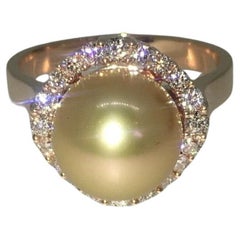 Retro An Impressive 9.6mm Golden Pearl & Top Quality Diamond Ring in 18K Rose Gold