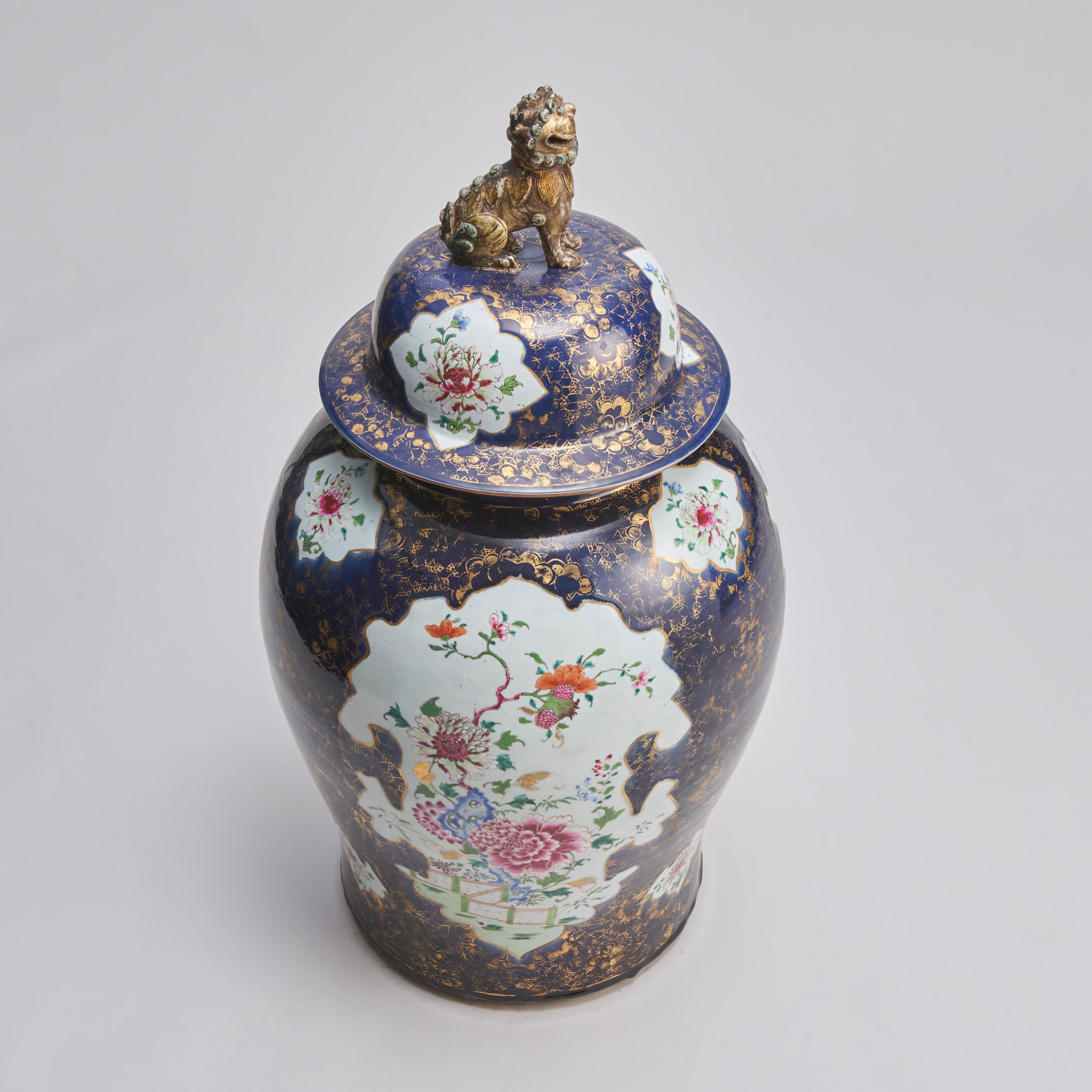 18th Century and Earlier An impressive Chinese, 18th Century Powder blue and Famille rose Temple jar For Sale