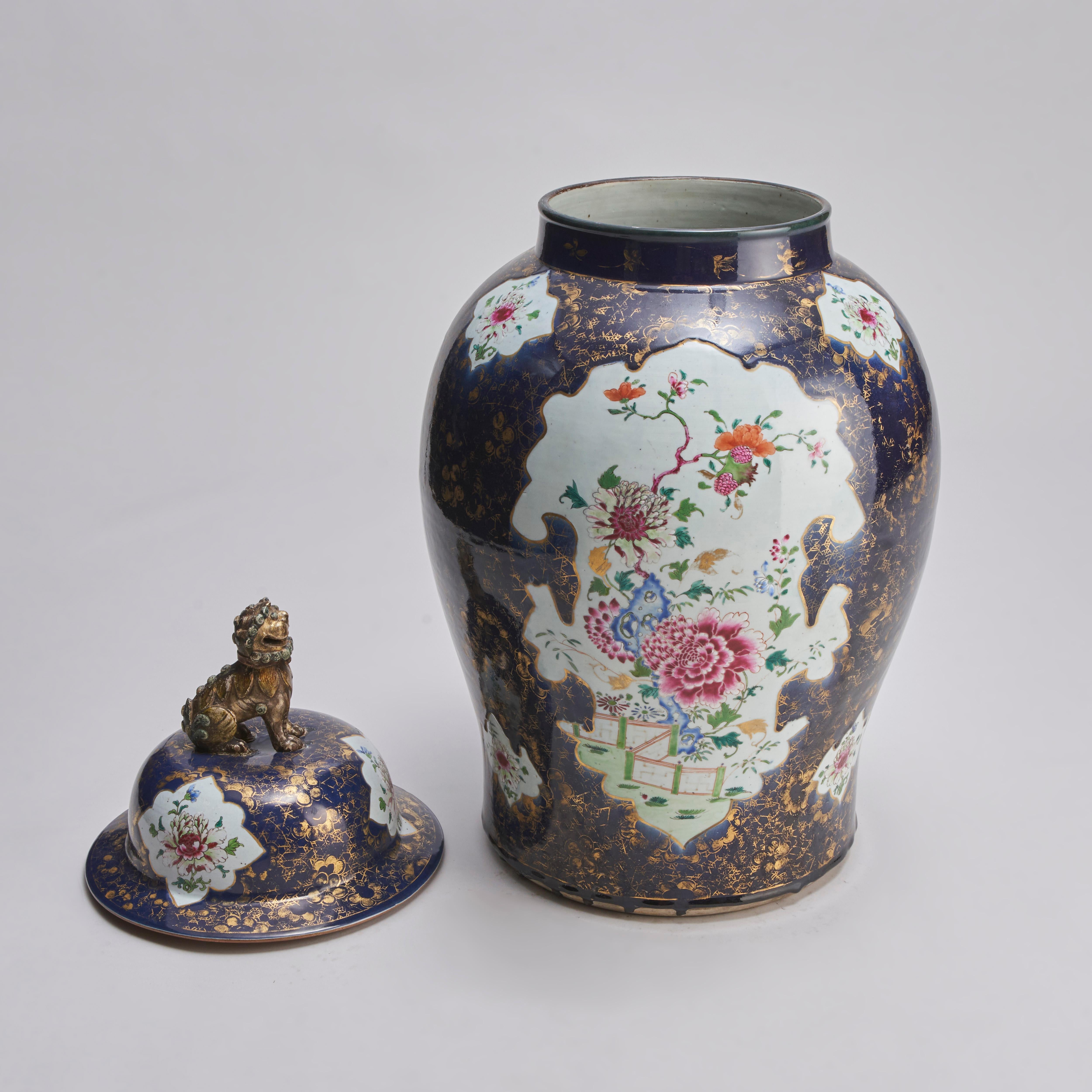 Porcelain An impressive Chinese, 18th Century Powder blue and Famille rose Temple jar For Sale