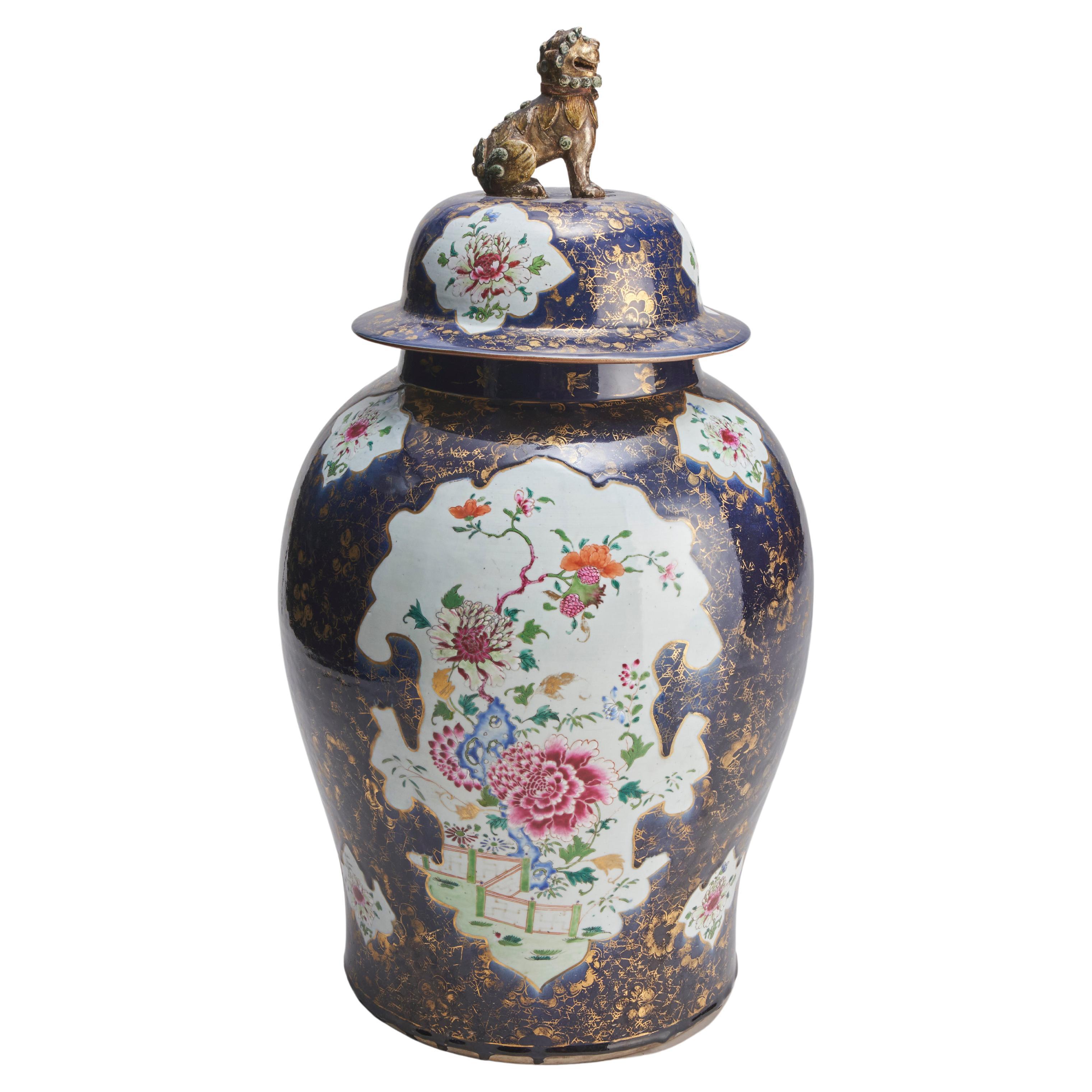 An impressive Chinese, 18th Century Powder blue and Famille rose Temple jar For Sale