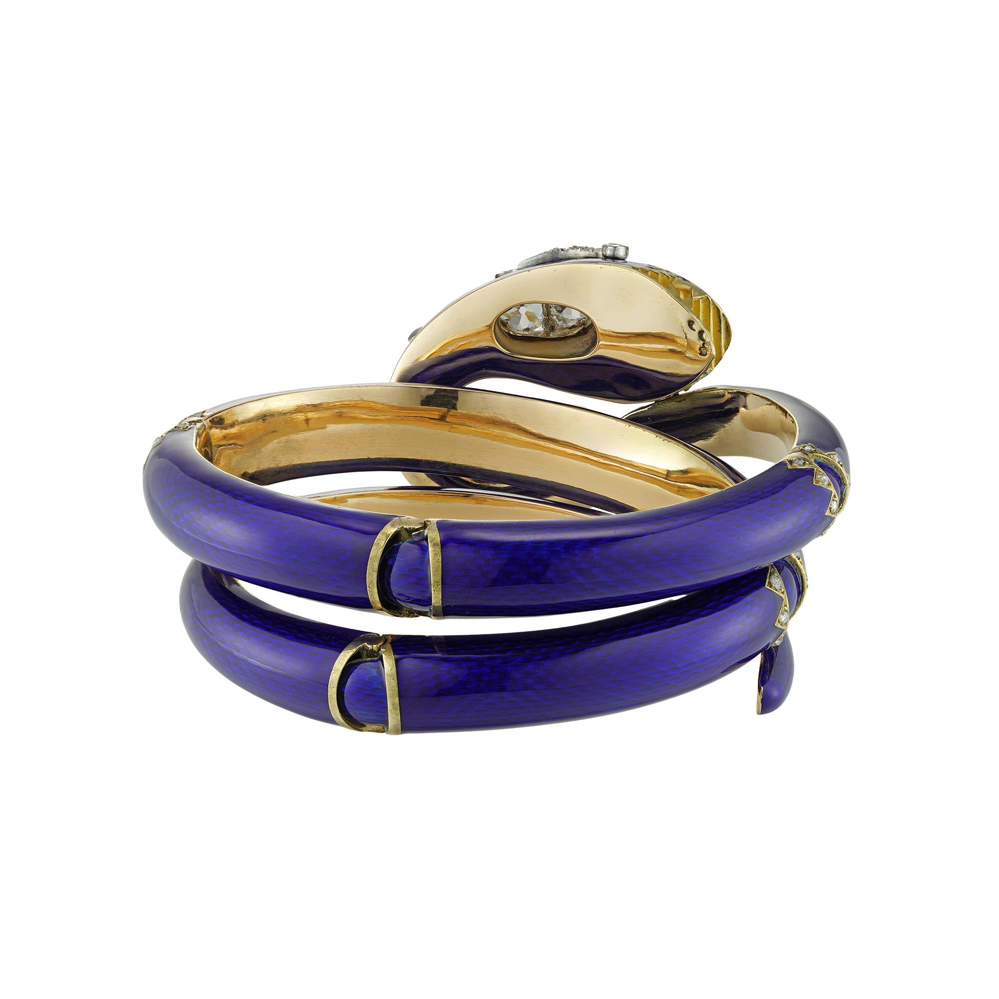 Beeindruckendes frühviktorianisches blaues Emaille-Schlangenarmband (Viktorianisch) im Angebot