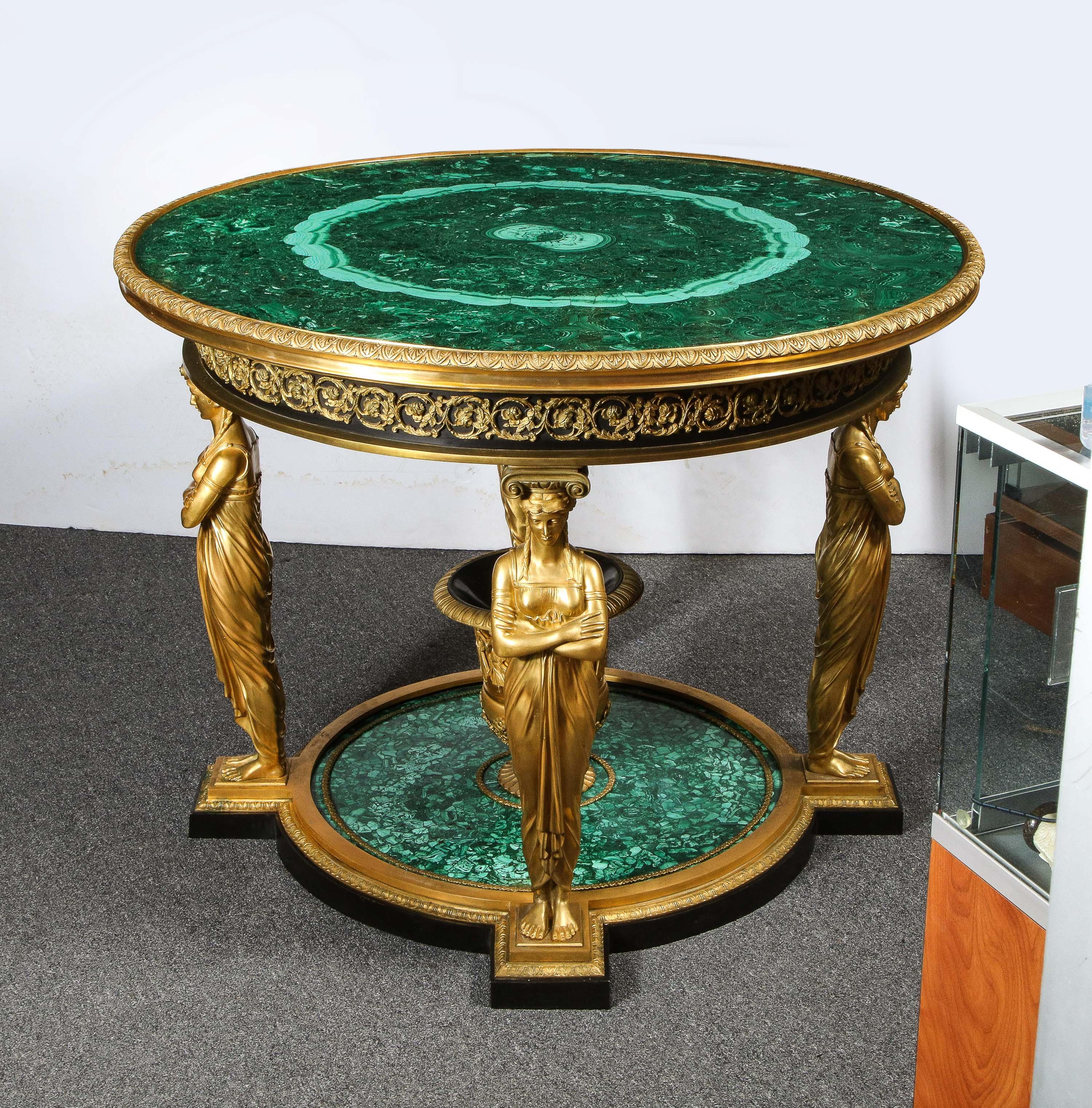 Impressionnante table centrale de style Empire en malachite et bronze doré d'après Desmalter Bon état - En vente à New York, NY