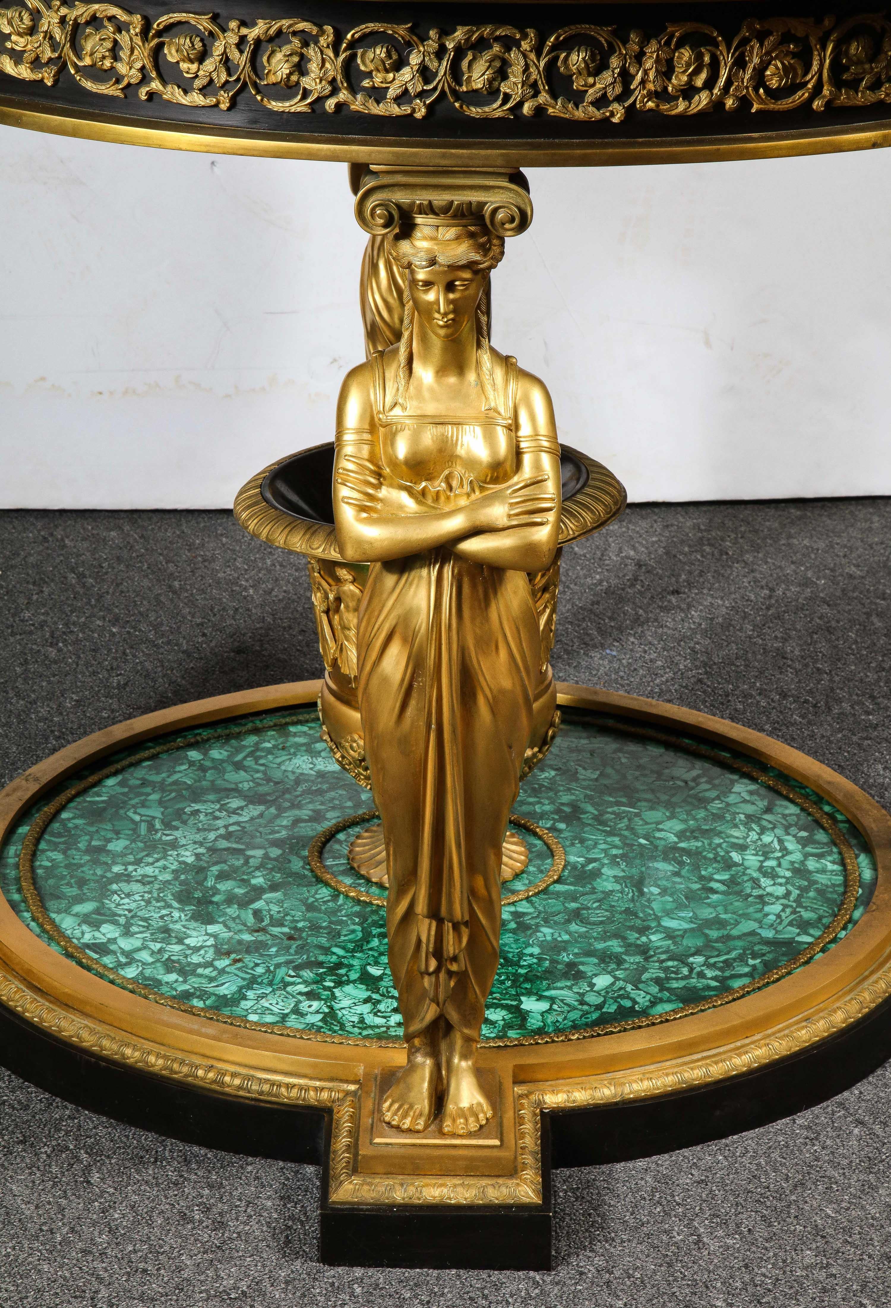 Beeindruckender Mitteltisch aus Malachit und Goldbronze im Empire-Stil nach Desmalter (20. Jahrhundert) im Angebot