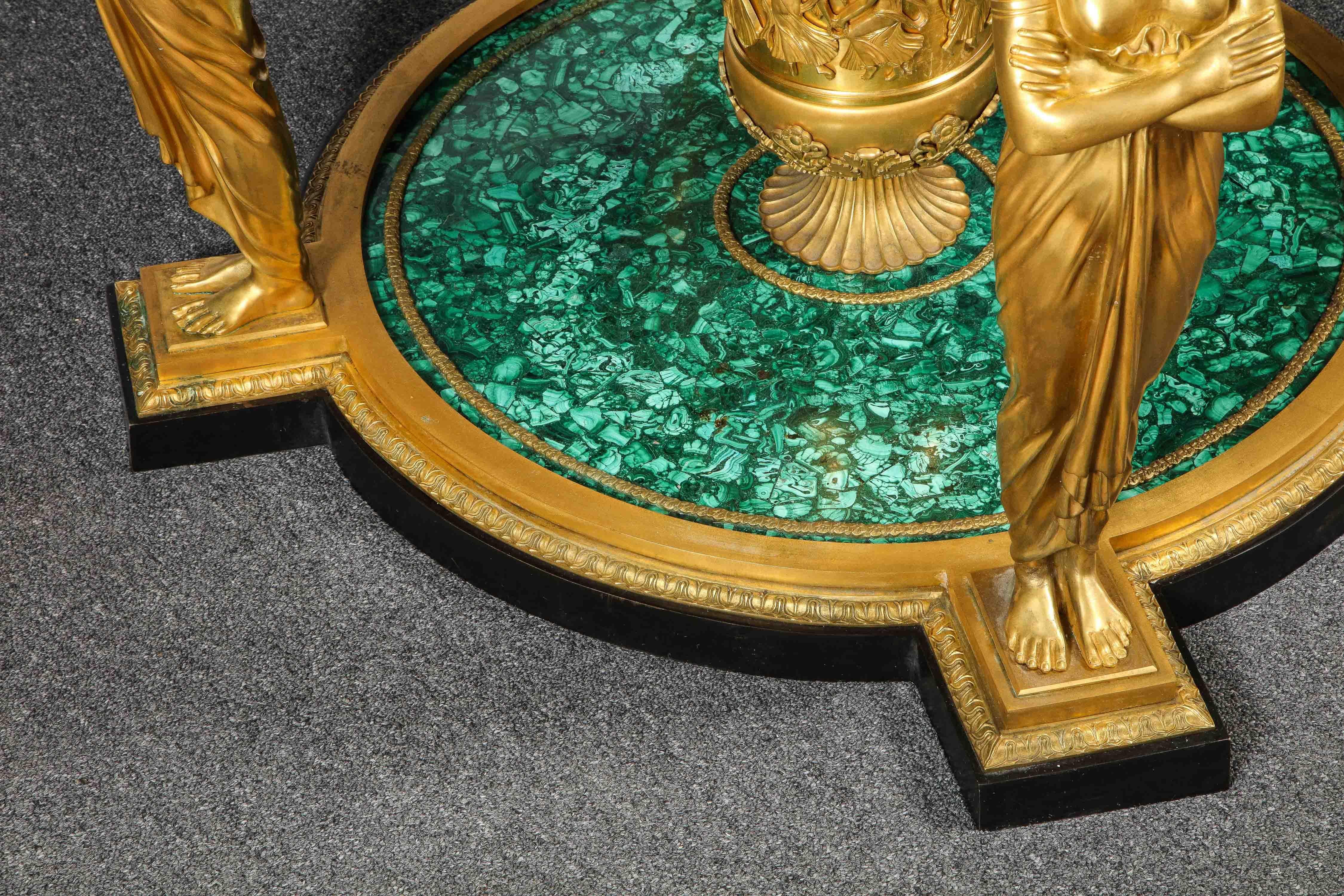 Impressive Empire Style Malachite and Ormolu Center Table After Desmalter In Good Condition For Sale In New York, NY