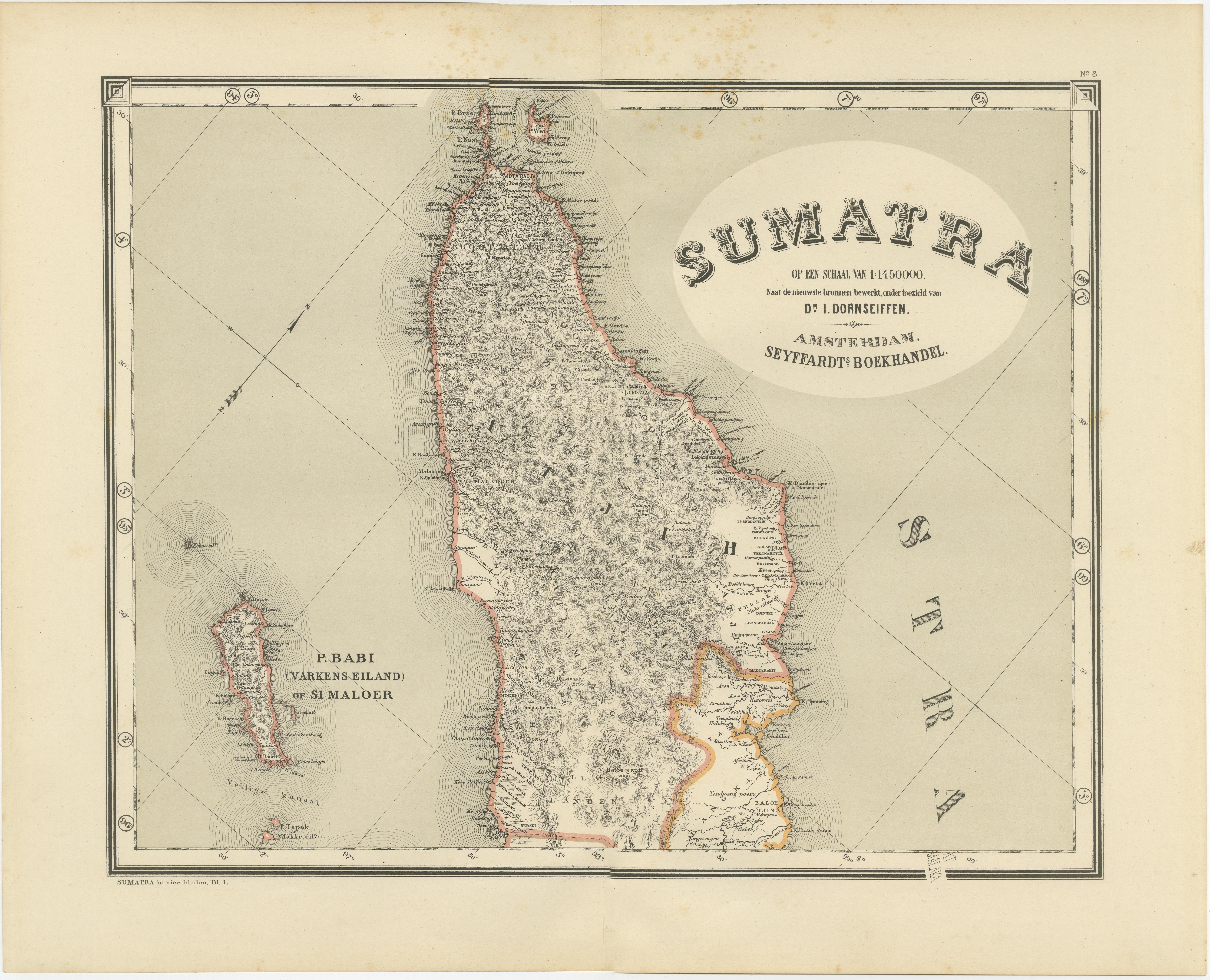 Cuatro mapas antiguos coincidentes que revelan toda la costa de Sumatra

Este impresionante juego de mapas de cuatro hojas presenta un levantamiento cartográfico completo de finales del siglo XIX de la isla de Sumatra y sus grupos de islas