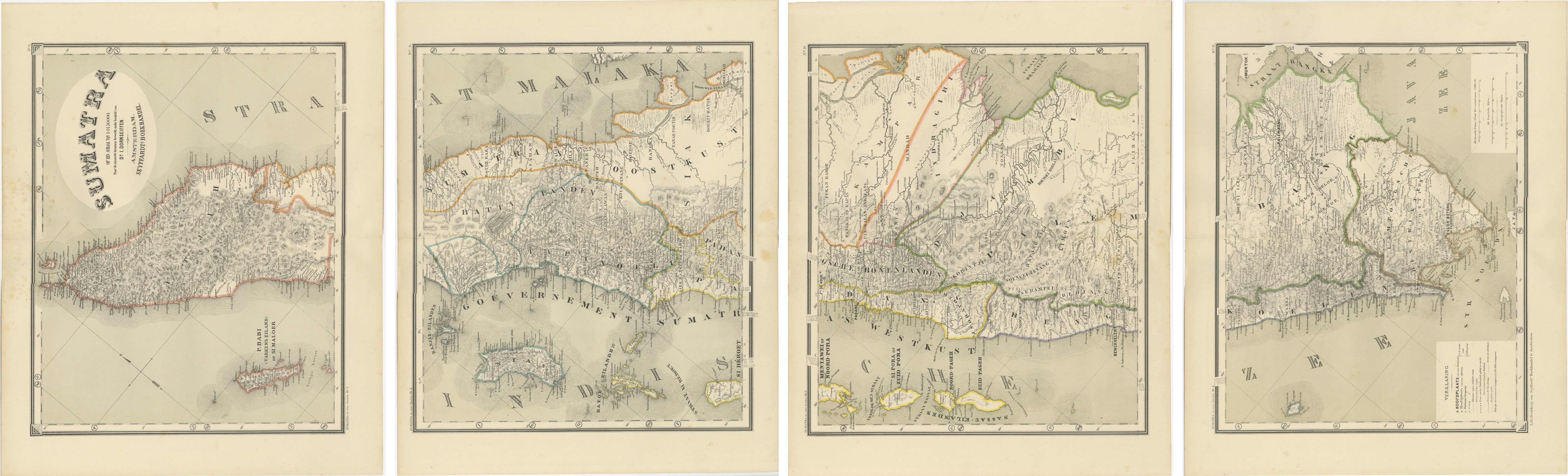 Impresionante juego de cuatro mapas de Sumatra de las Indias Orientales Holandesas, 1884
