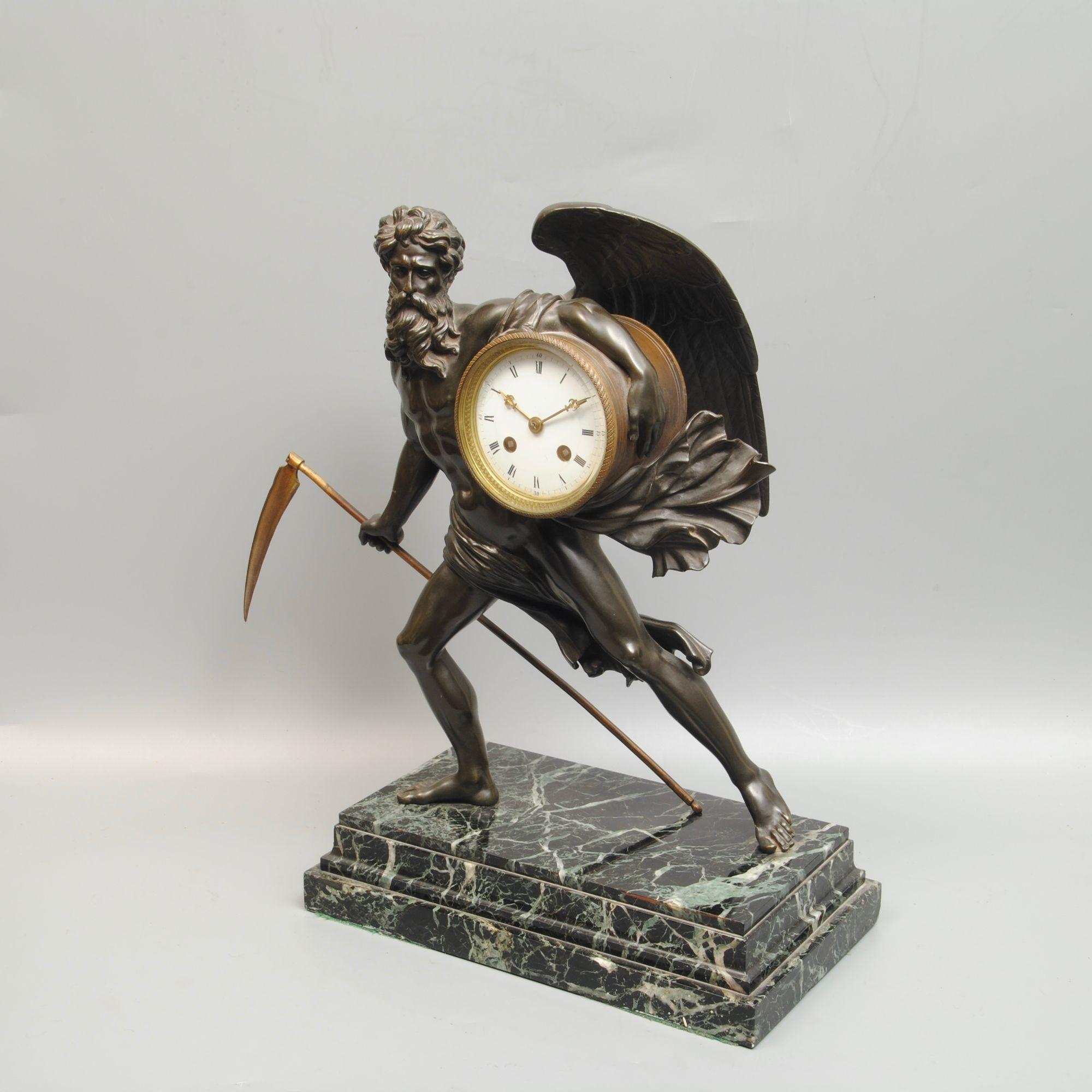 An Impressive French Bronze of Chronos Holding a Clock Under His Arm In Good Condition For Sale In Lincolnshire, GB