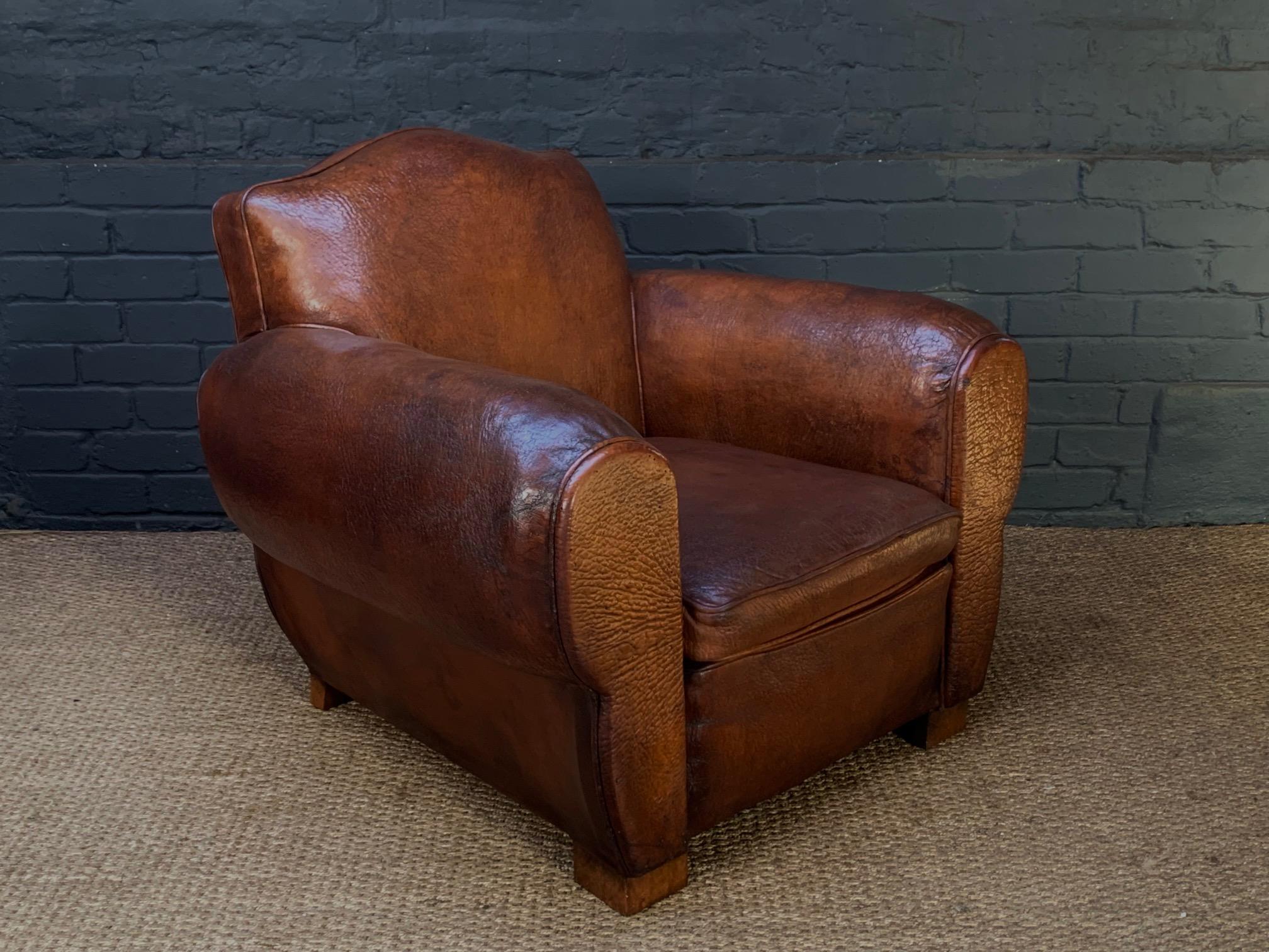 Art Deco An Impressive French Leather Club Chair, Chapeau du Gendarme Model, Circa 1920's