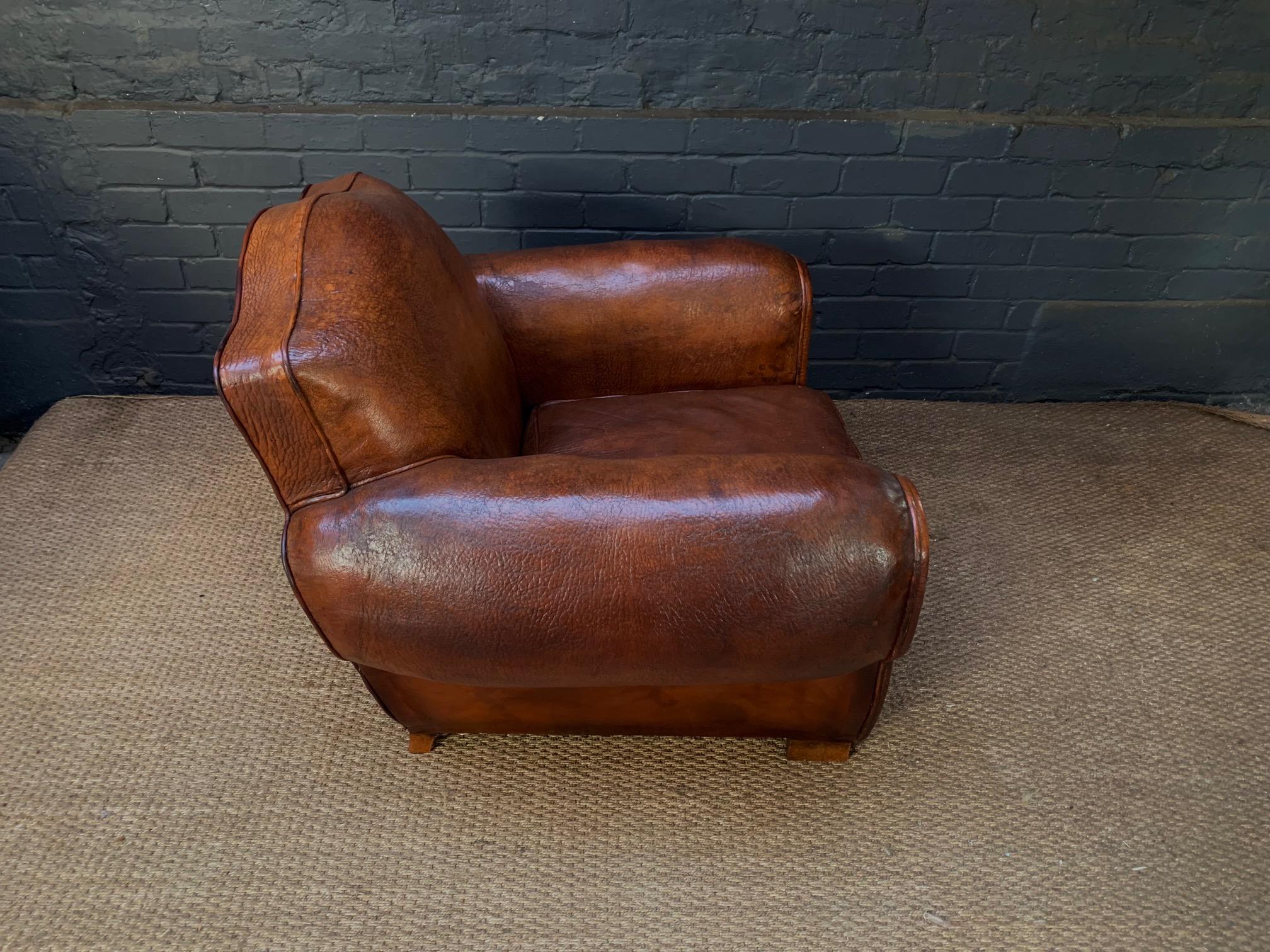 Early 20th Century An Impressive French Leather Club Chair, Chapeau du Gendarme Model, Circa 1920's