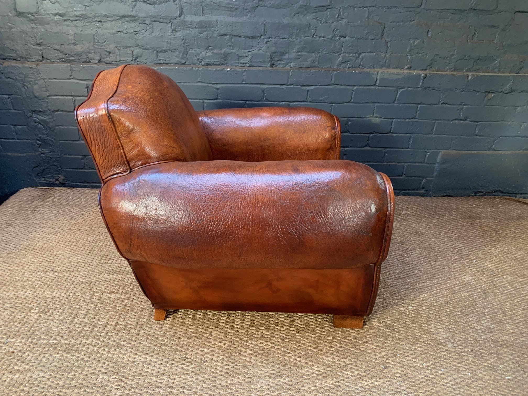 An Impressive French Leather Club Chair, Chapeau du Gendarme Model, Circa 1920's 1