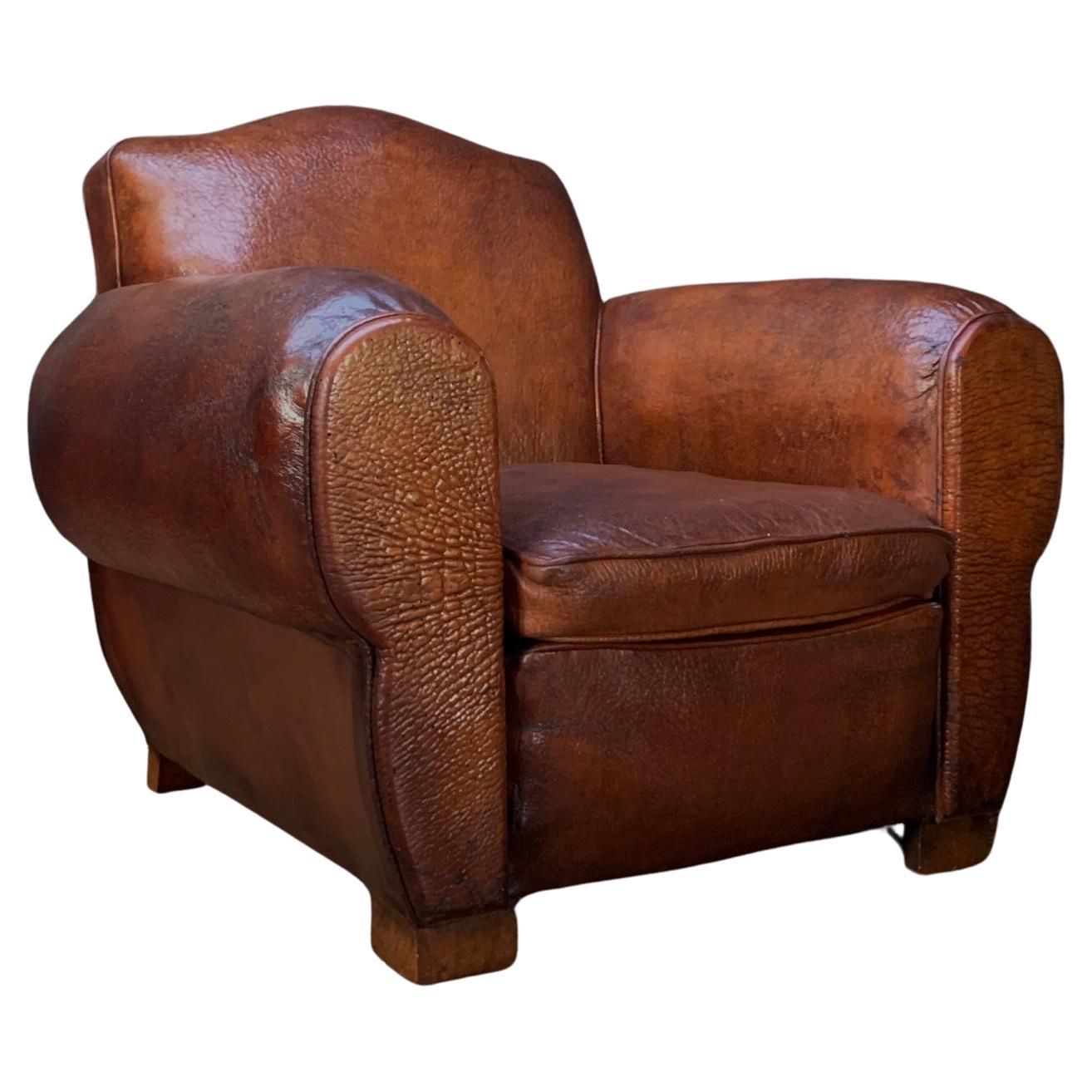 An Impressive French Leather Club Chair, Chapeau du Gendarme Model, Circa 1920's